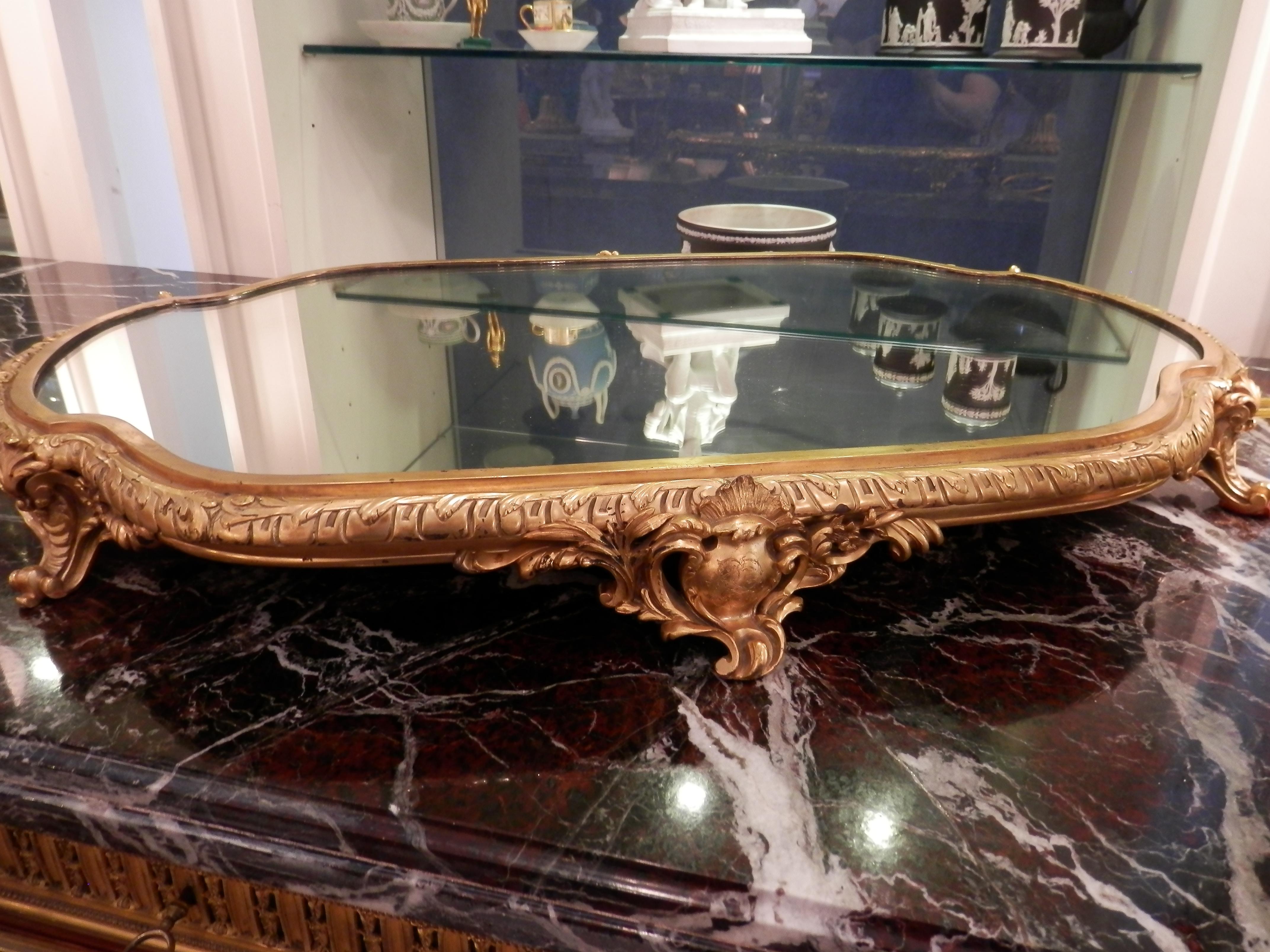 Fine 19th Century French Louis XV Gilt Bronze and Mirrored Plateau 1