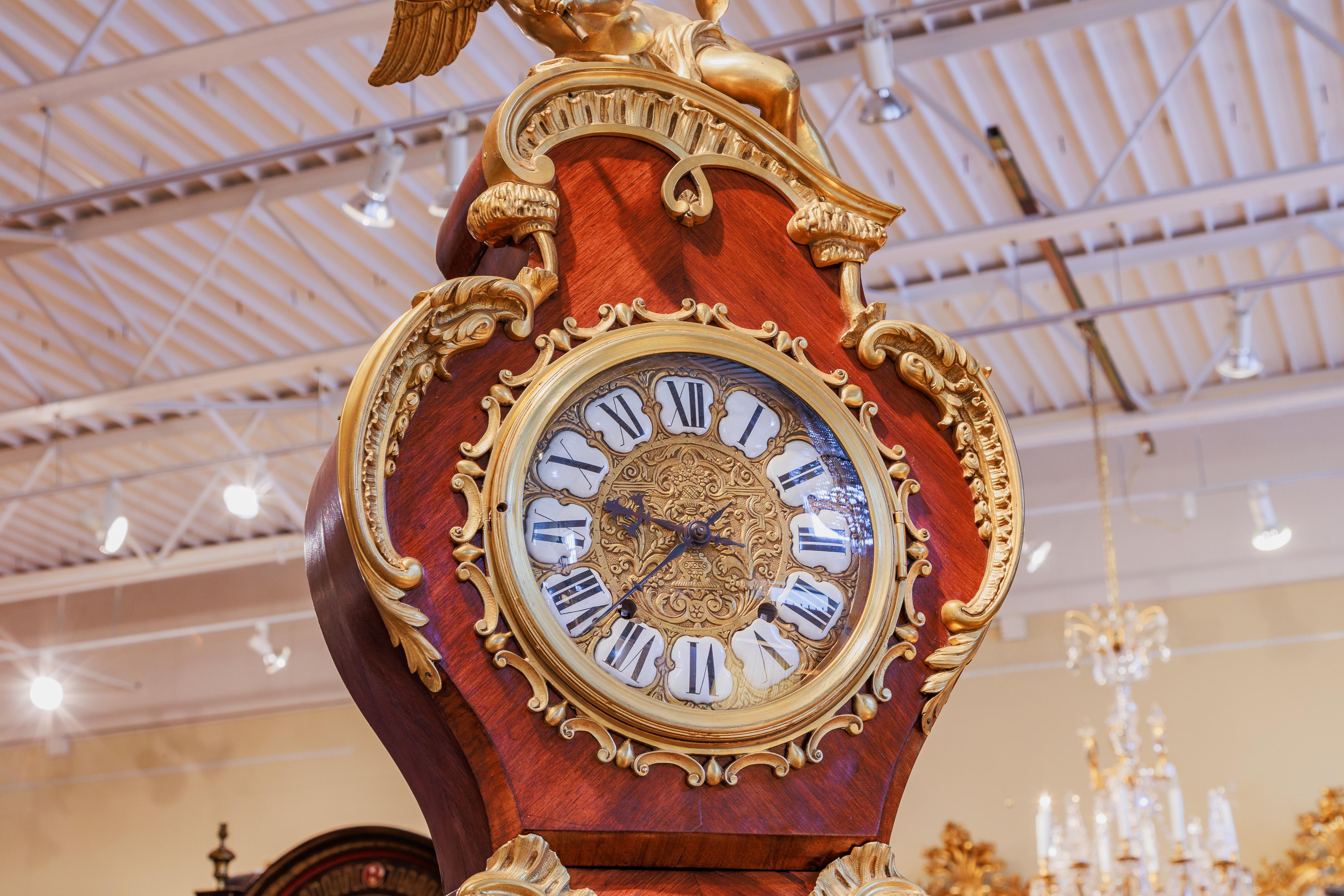 A fine 19th century French Louis XV gilt bronze grandfather clock. In Good Condition In Dallas, TX