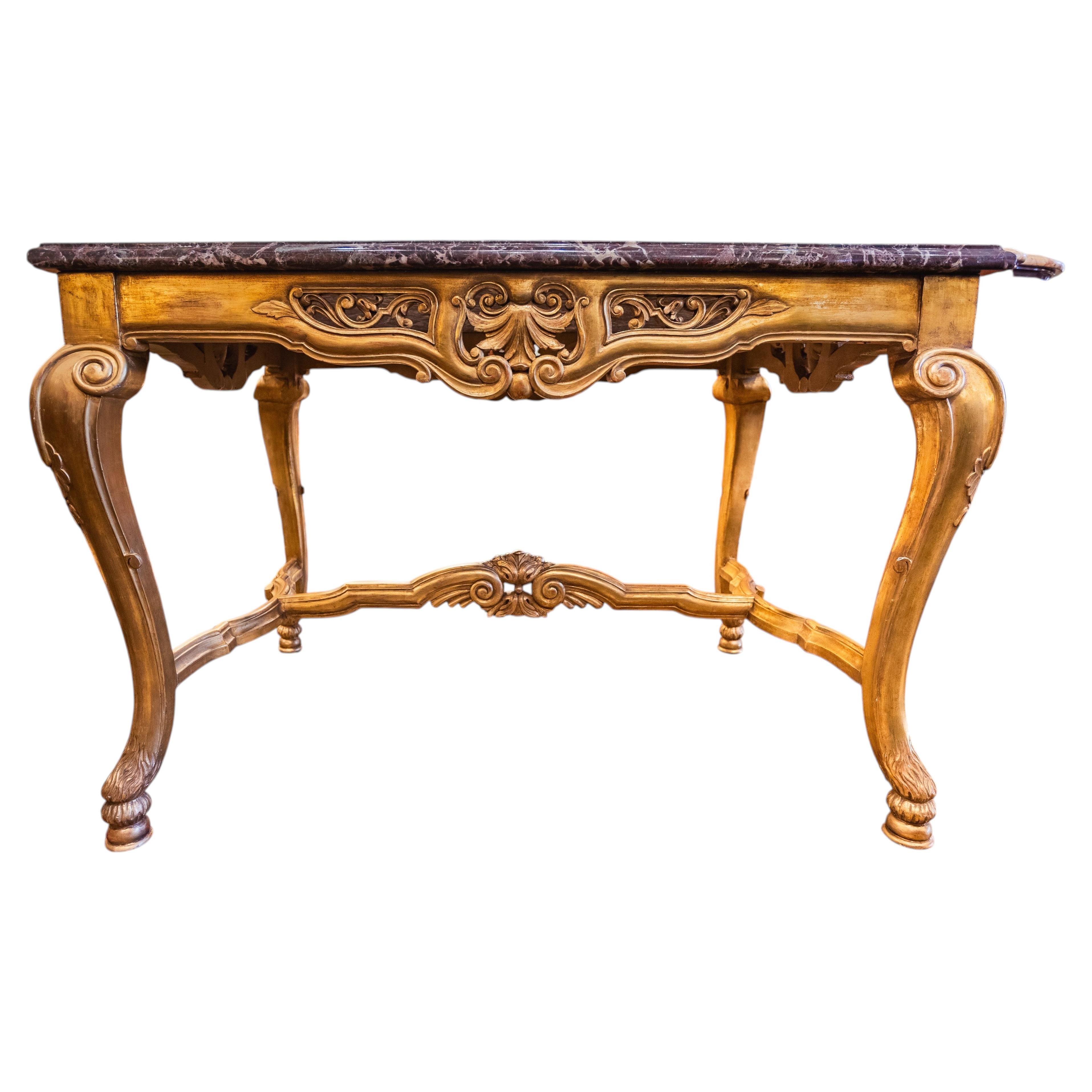 Table de salon Louis XV française du 19ème siècle, sculptée et dorée Plateau en marbre en vente