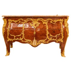 Antique Fine 19th Century French Marble Top Marquetry and Gilt Bronze Mounted Commode