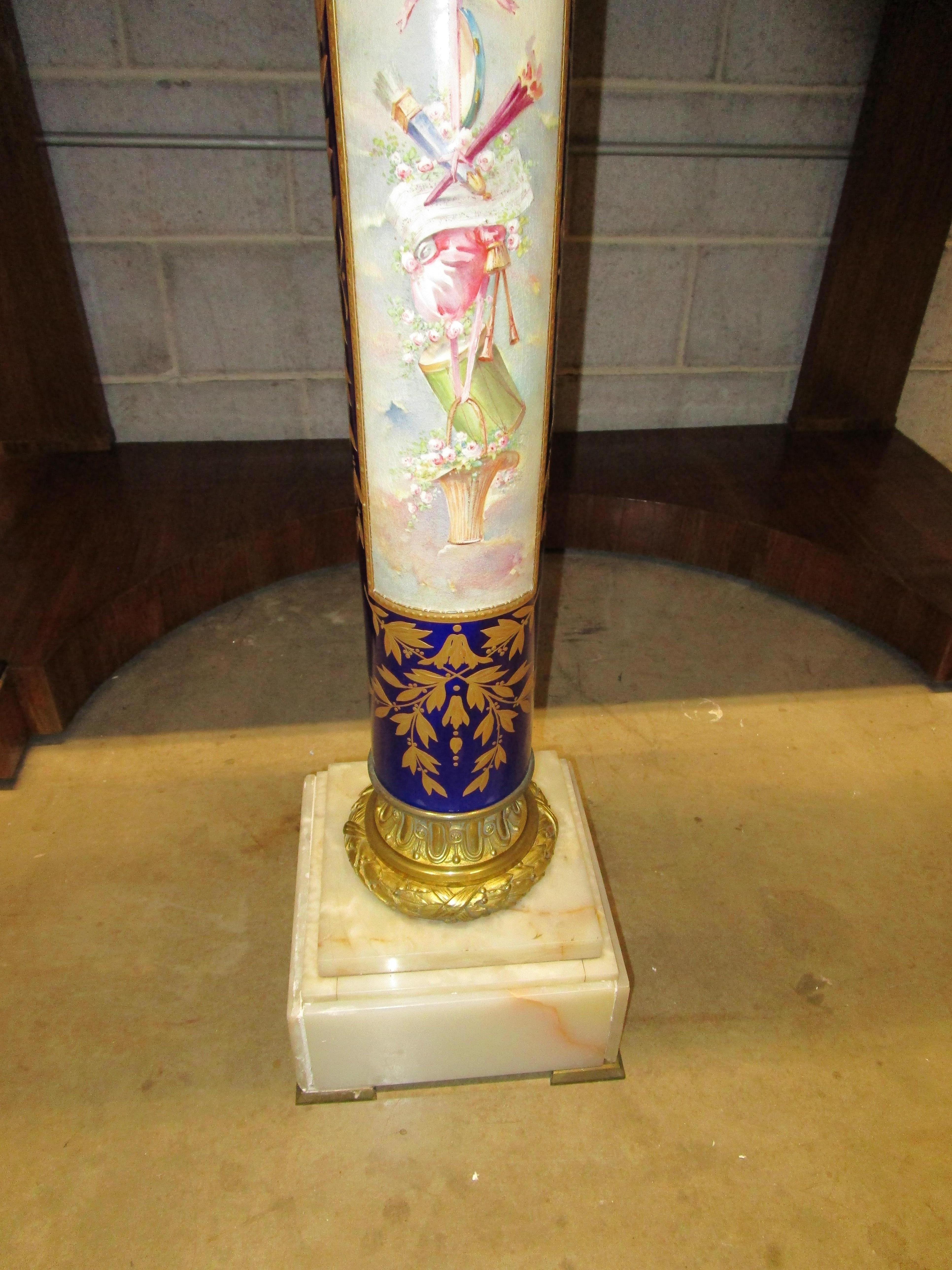 Hand-Painted Fine 19th Century French Sevre's Porcelain and Onyx Pedestal Hand Painted For Sale