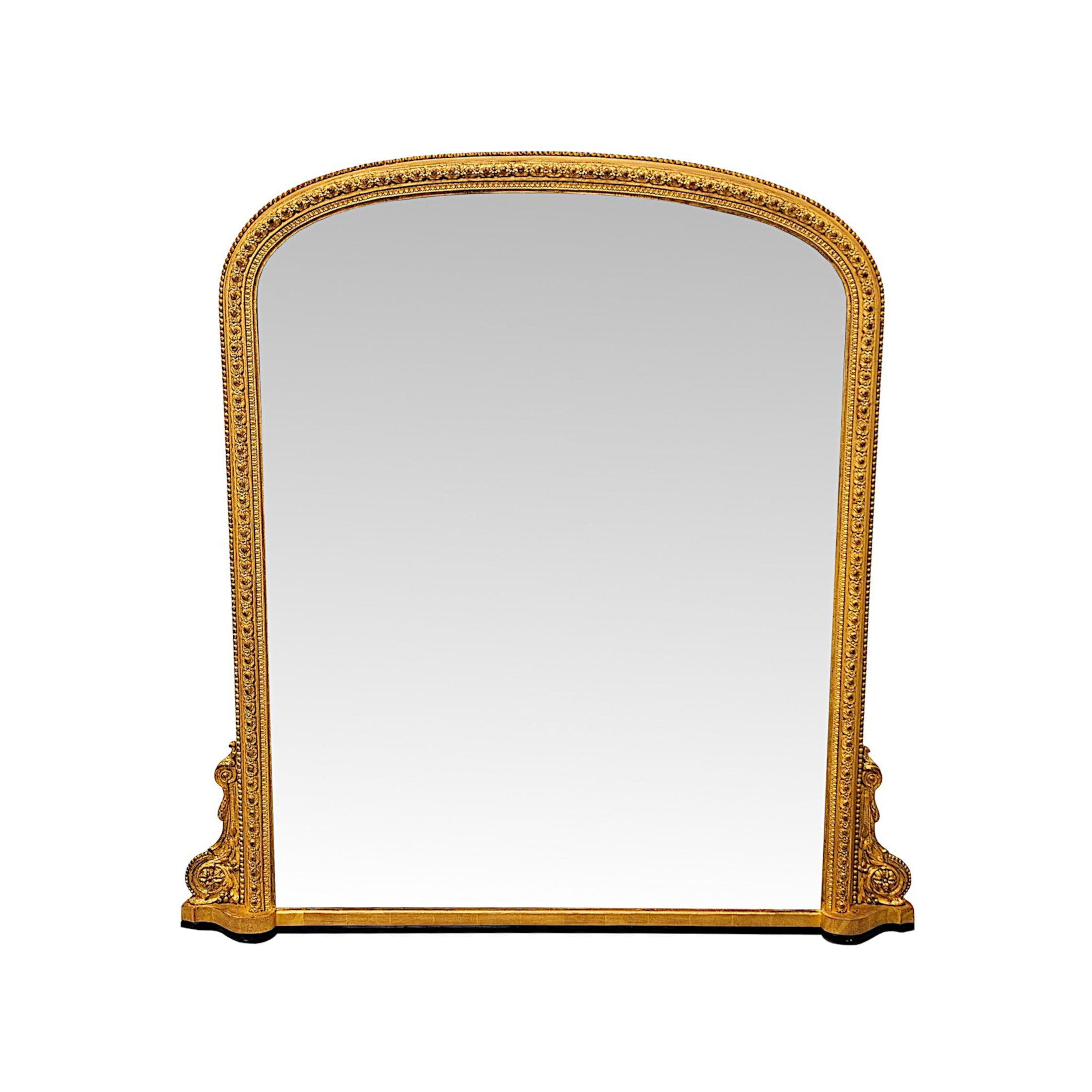 A Fine 19th Century Giltwood Simple Design Giltwood Overmantel Archtop Mirror
