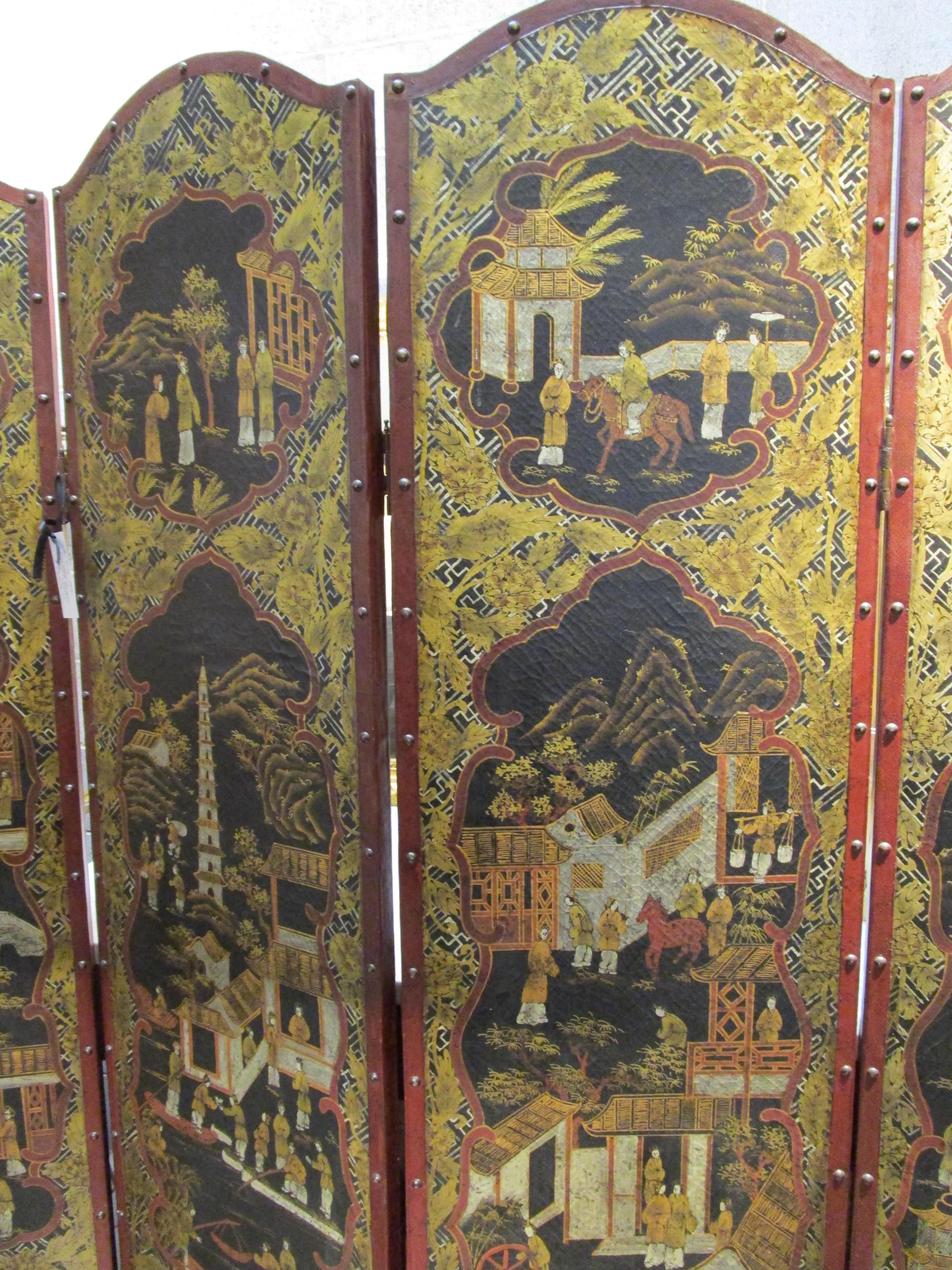 Regency Fine 19th Century Leather Chinoiserie Painted 4 Panel Screen For Sale