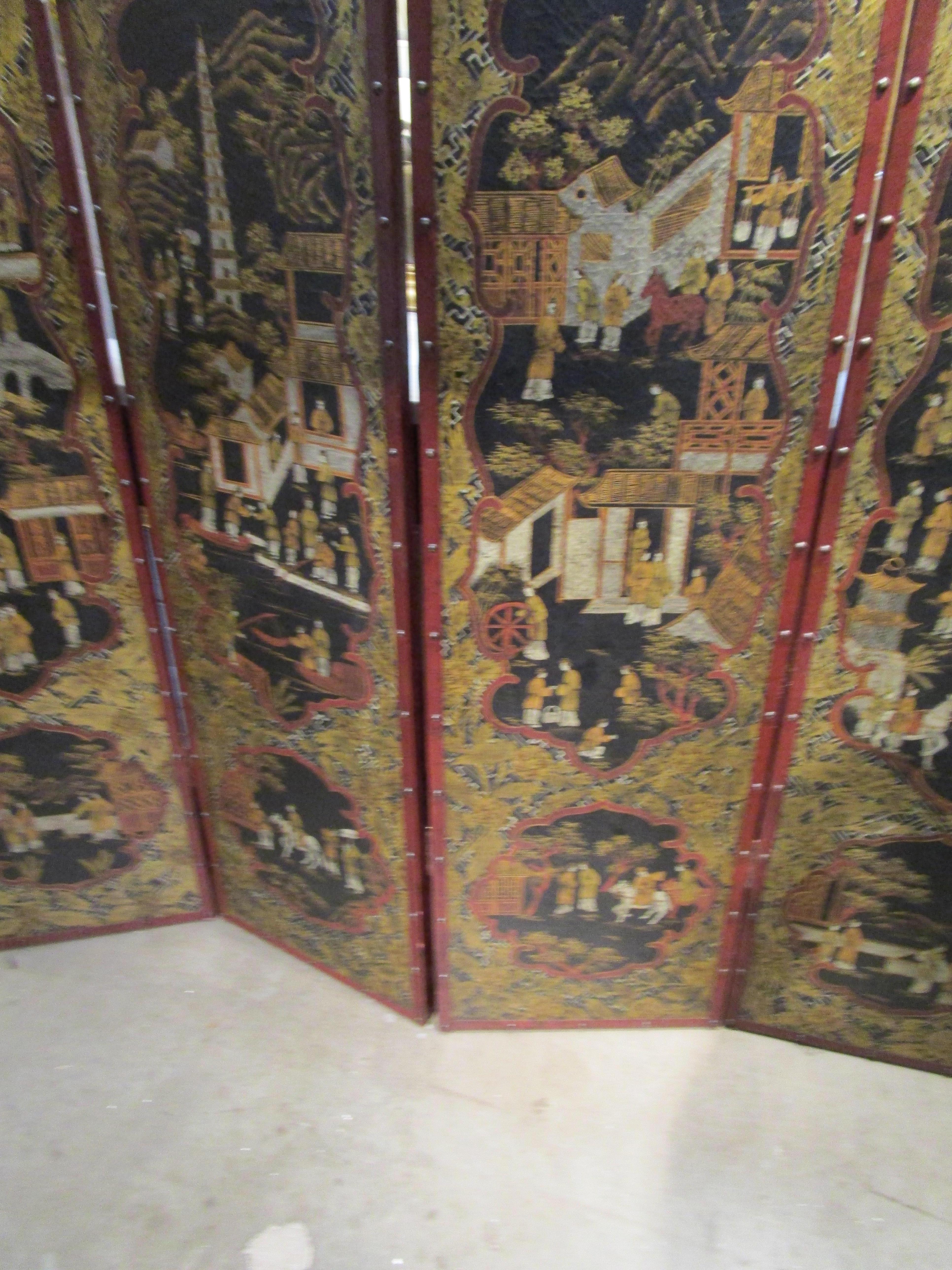 English Fine 19th Century Leather Chinoiserie Painted 4 Panel Screen For Sale