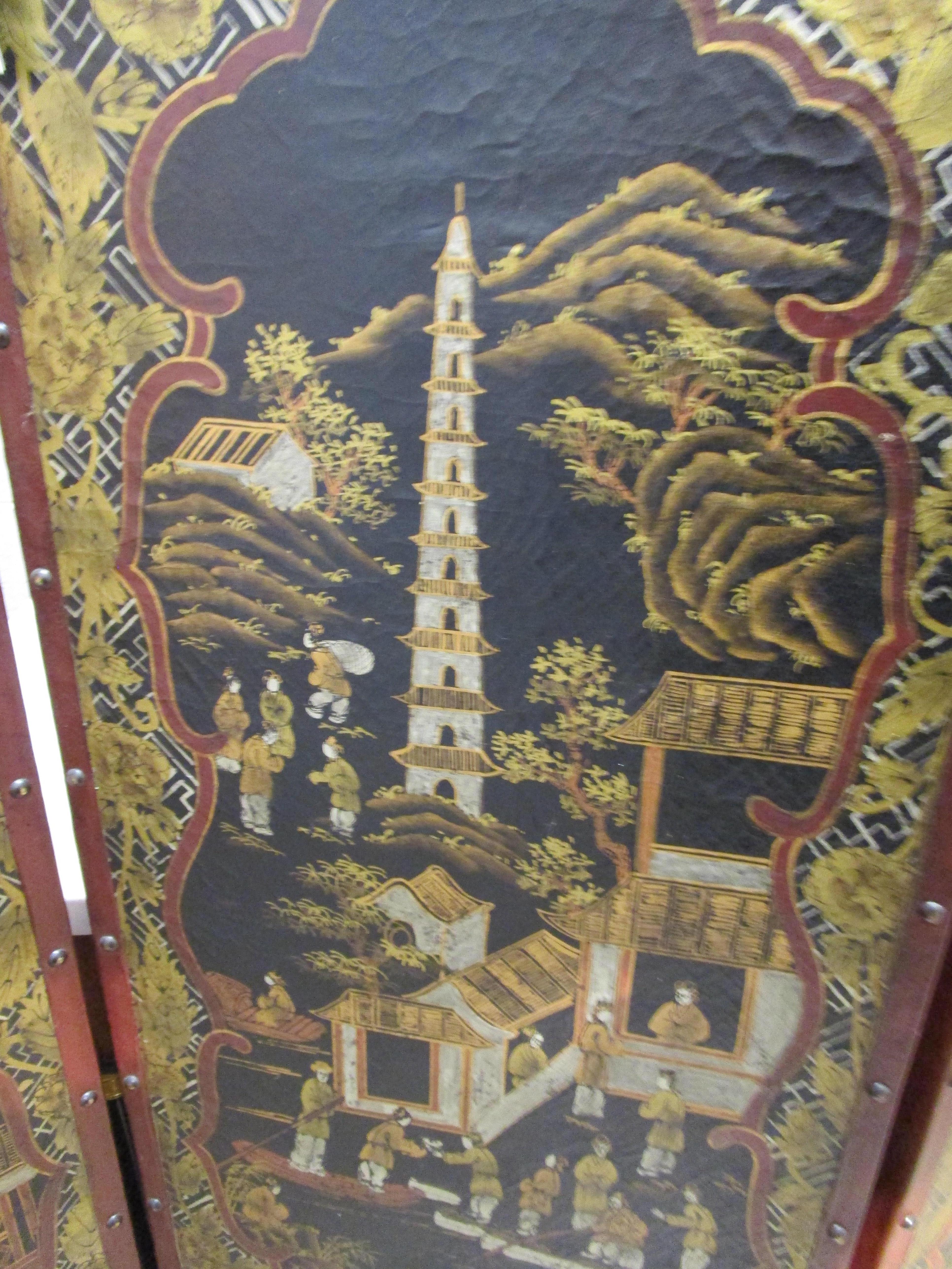 Fine 19th Century Leather Chinoiserie Painted 4 Panel Screen For Sale 2