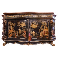 A fine 19th century marble top Chinoiserie decorated credenza. Bronze handles