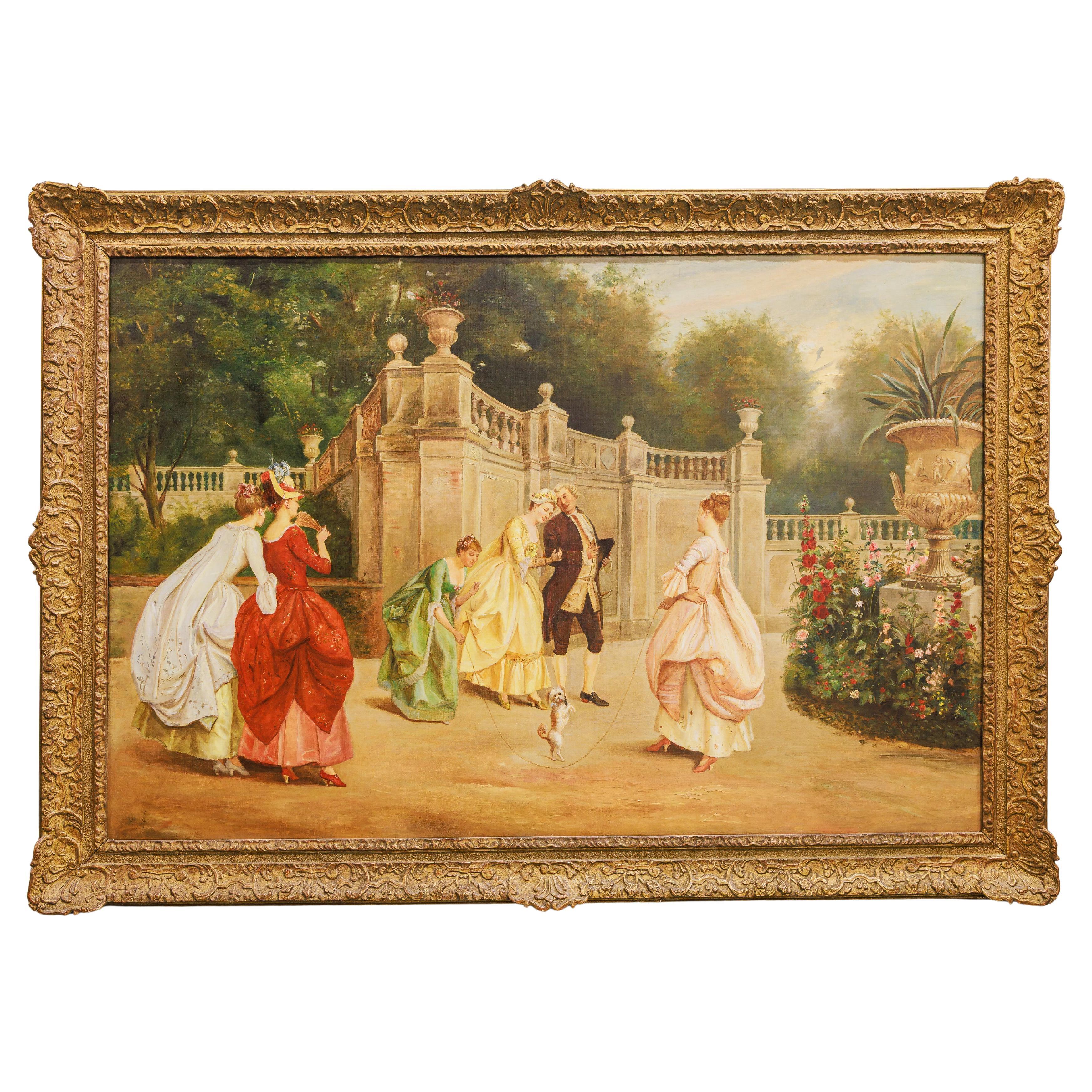 Fino óleo sobre lienzo del siglo XIX, obra de Henry Andrews. "Un perro saltando a la comba en venta