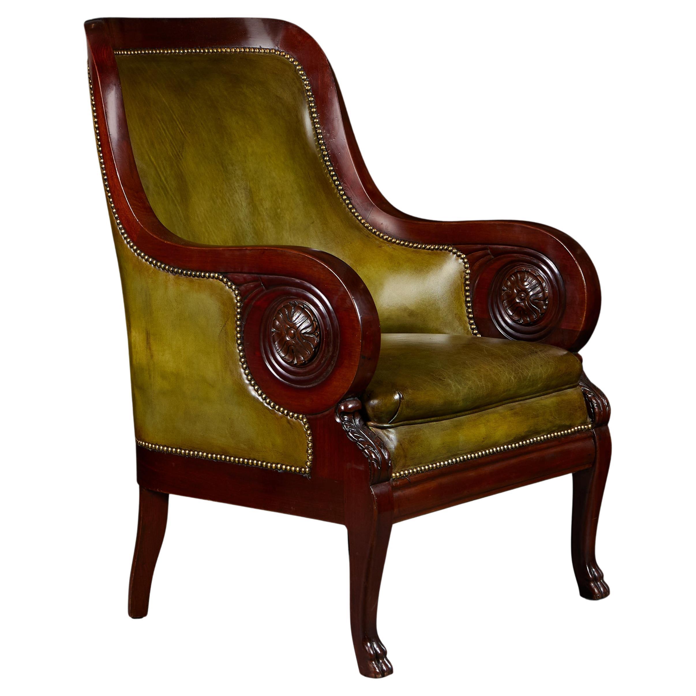 A Fine 19th Century Overscale Library Bergere Armchair in Green Leather  For Sale