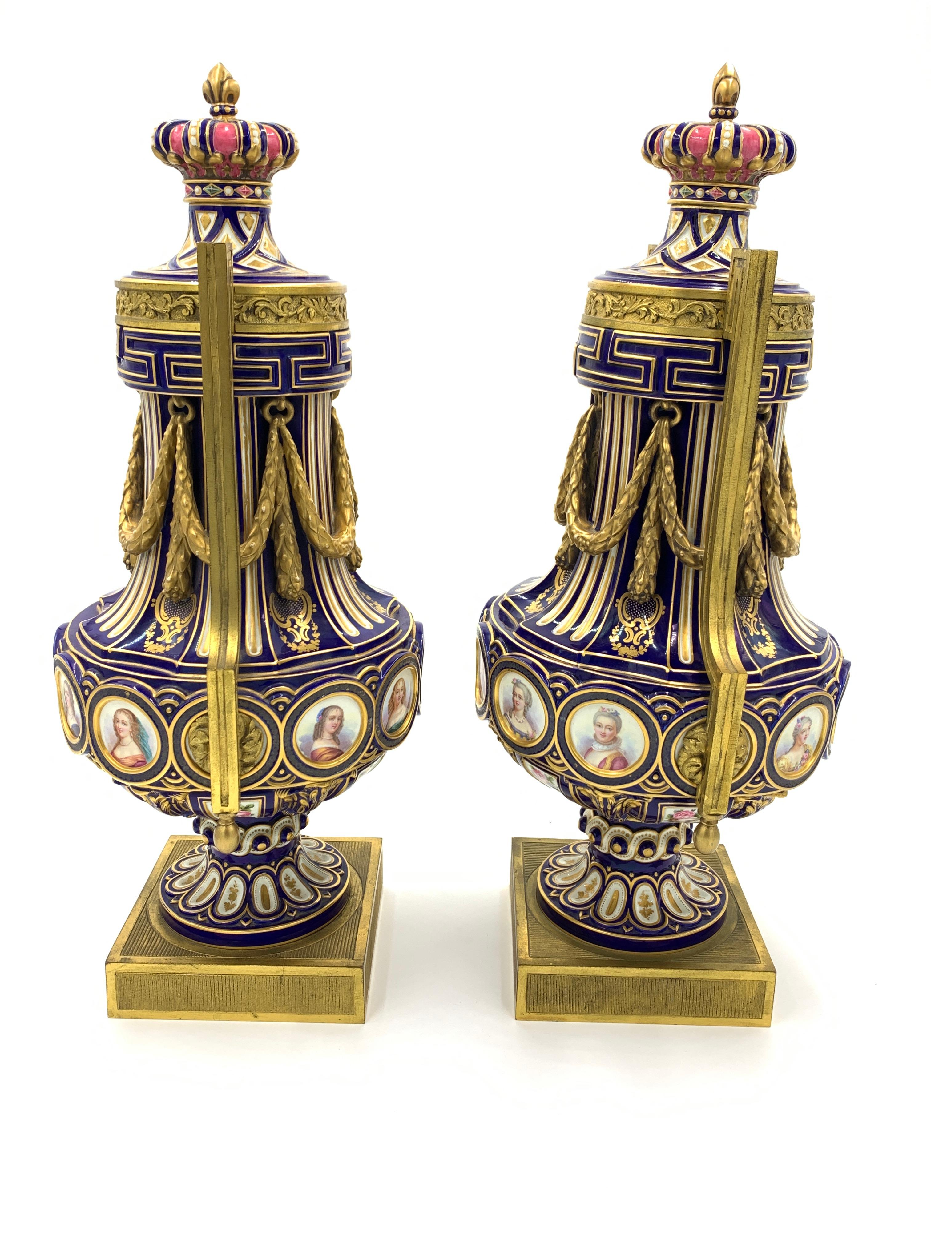 Exquisite pair of sevres style vases, portraits all around the ovoid body on each vase.
 
