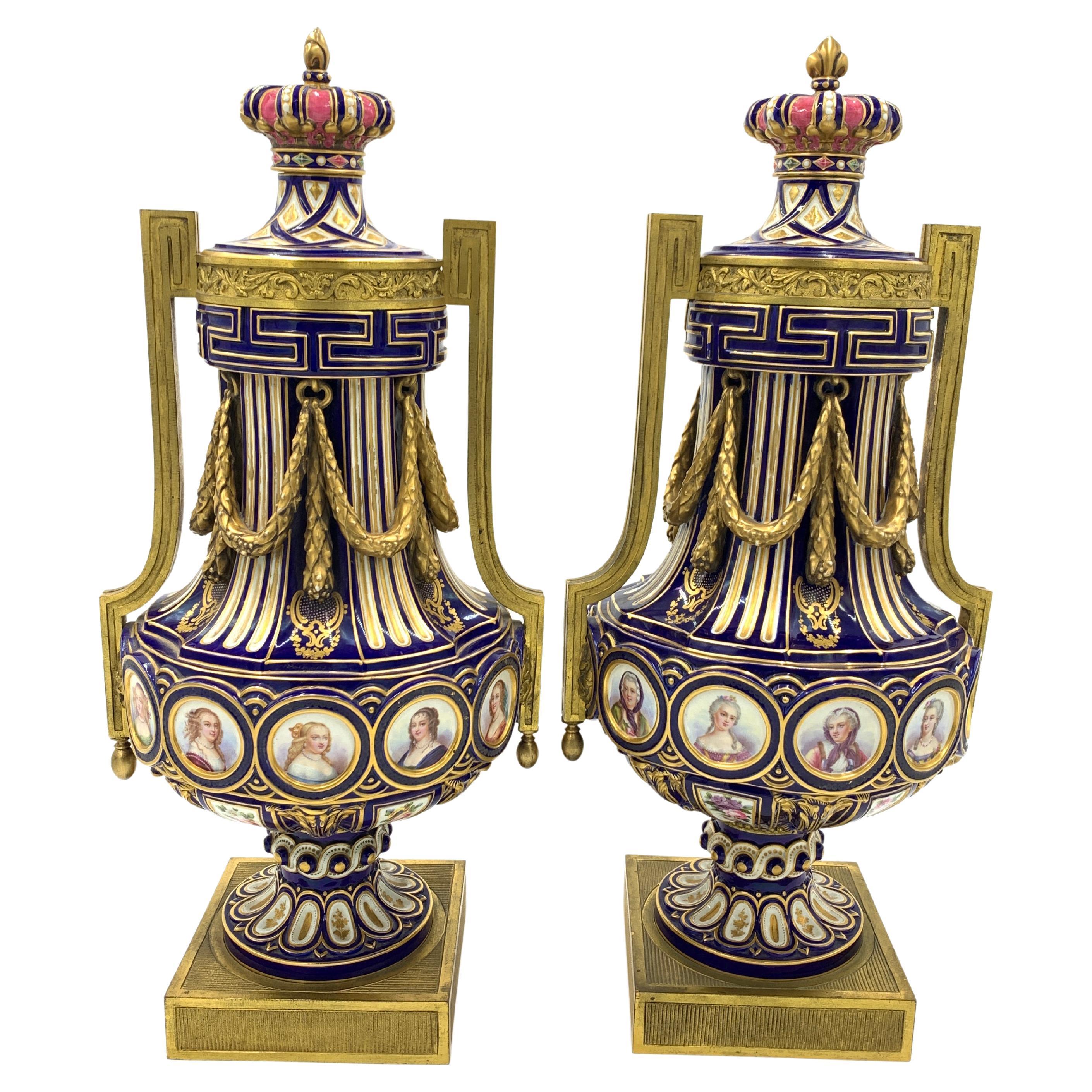 Fine 19th Century Pair of French Sevres Style Porcelain Vases For Sale