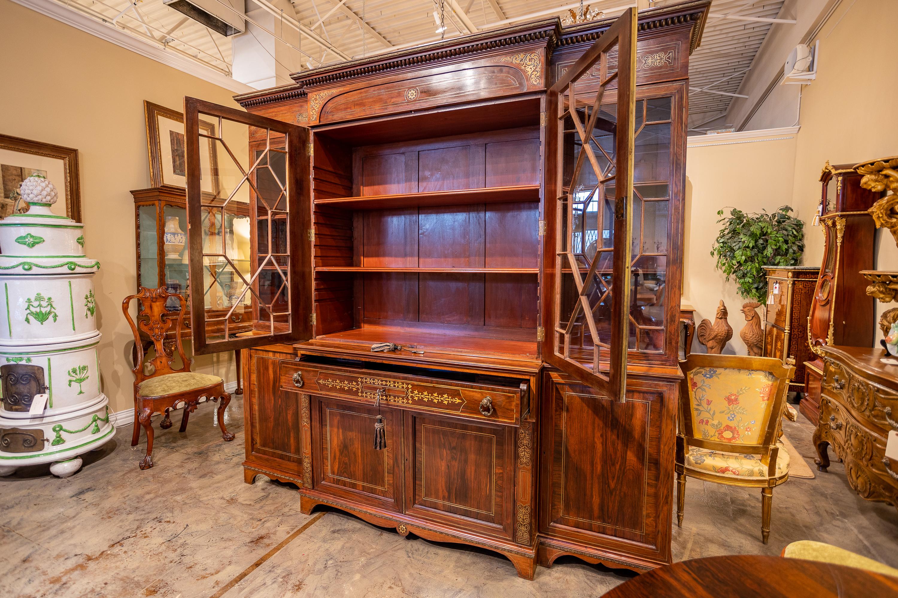 English Fine 19th Century Regency Period Rosewood and Brass Inlaid Bookcase Secretary For Sale
