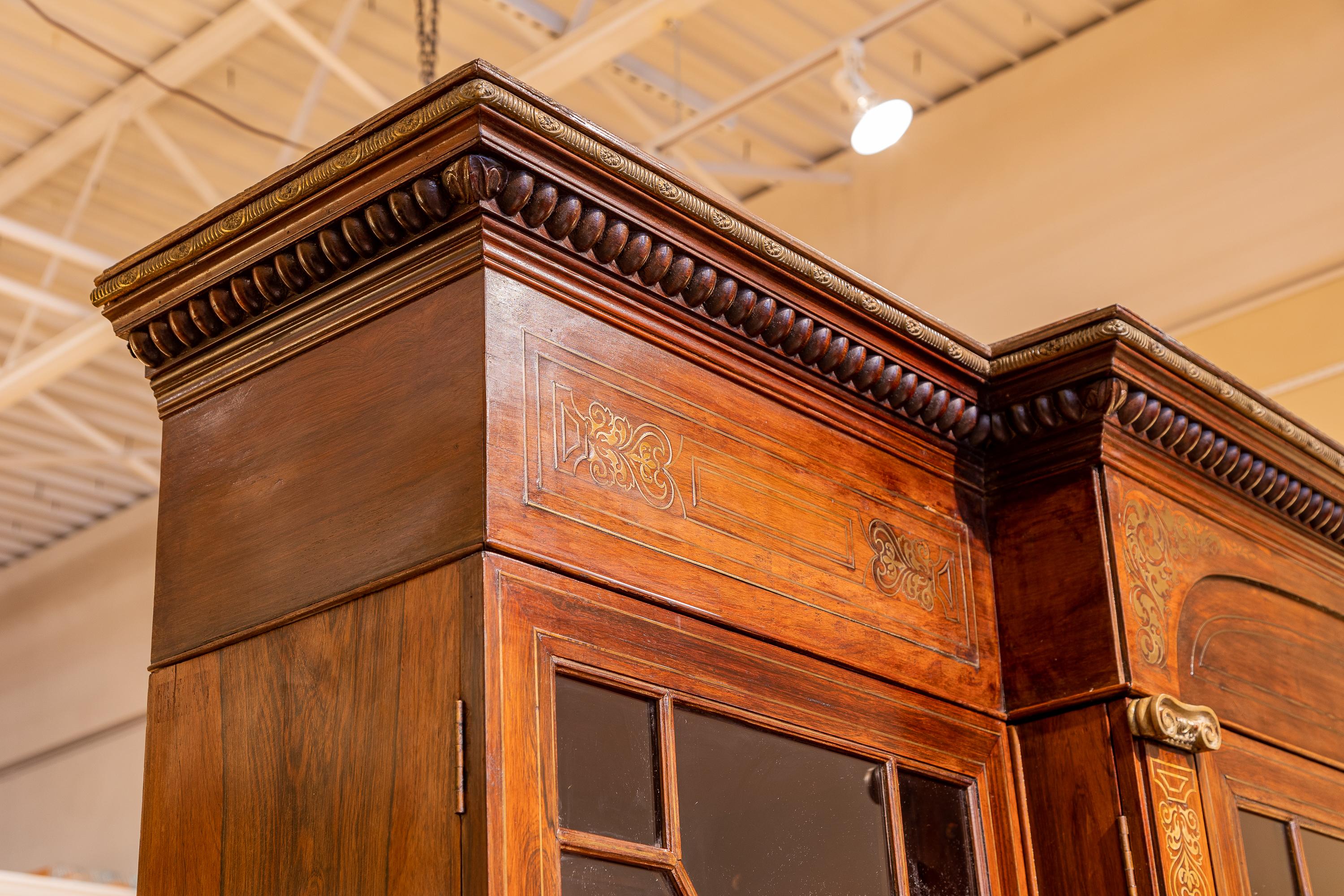 Fine 19th Century Regency Period Rosewood and Brass Inlaid Bookcase Secretary For Sale 1