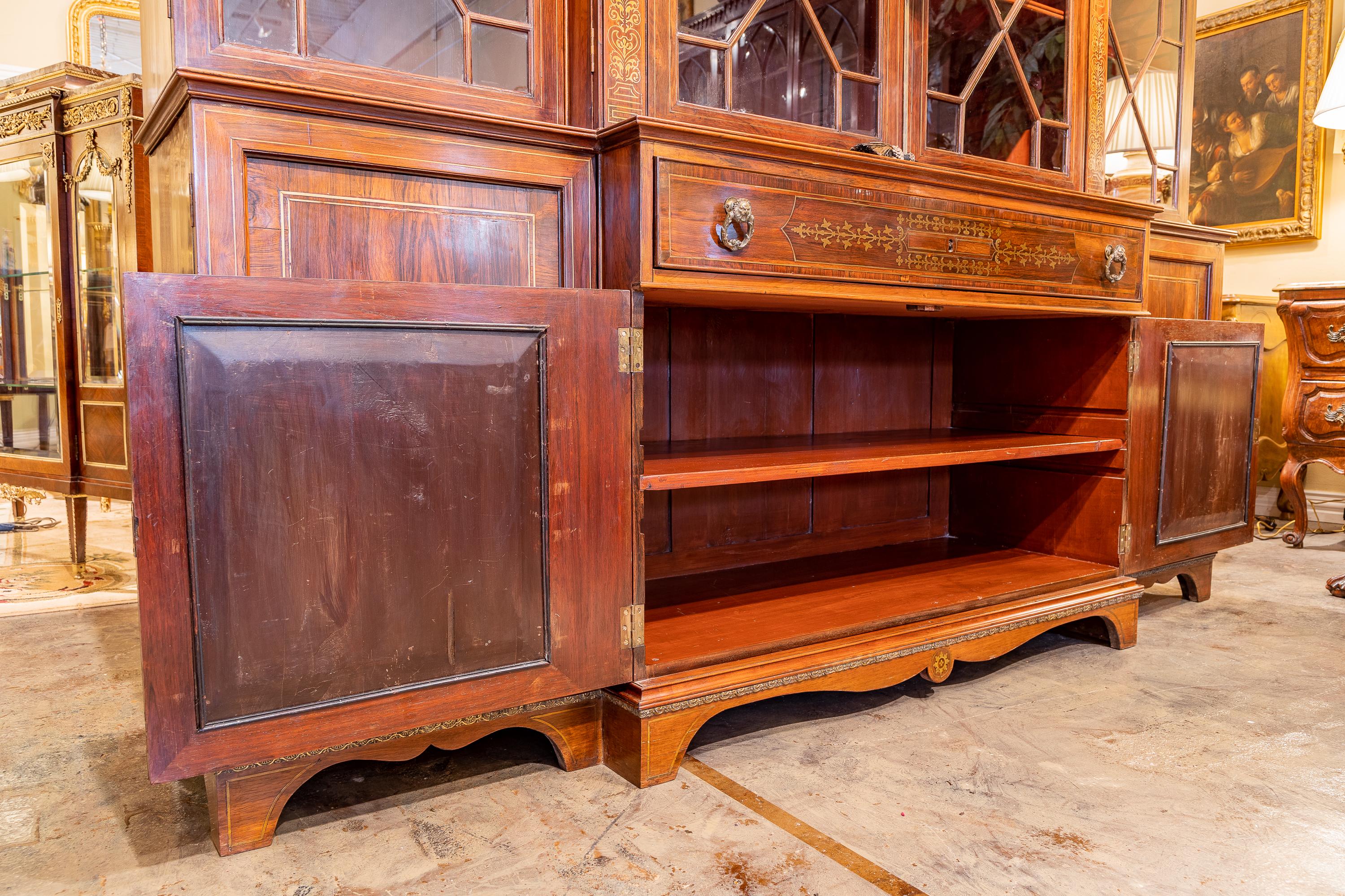Fine 19th Century Regency Period Rosewood and Brass Inlaid Bookcase Secretary For Sale 4