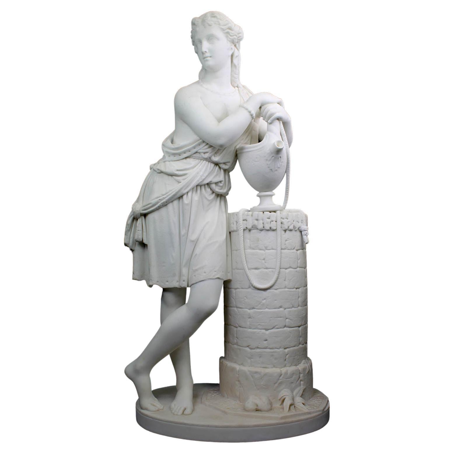 Belle sculpture en marbre blanc du 19ème siècle représentant Rebecca au puits