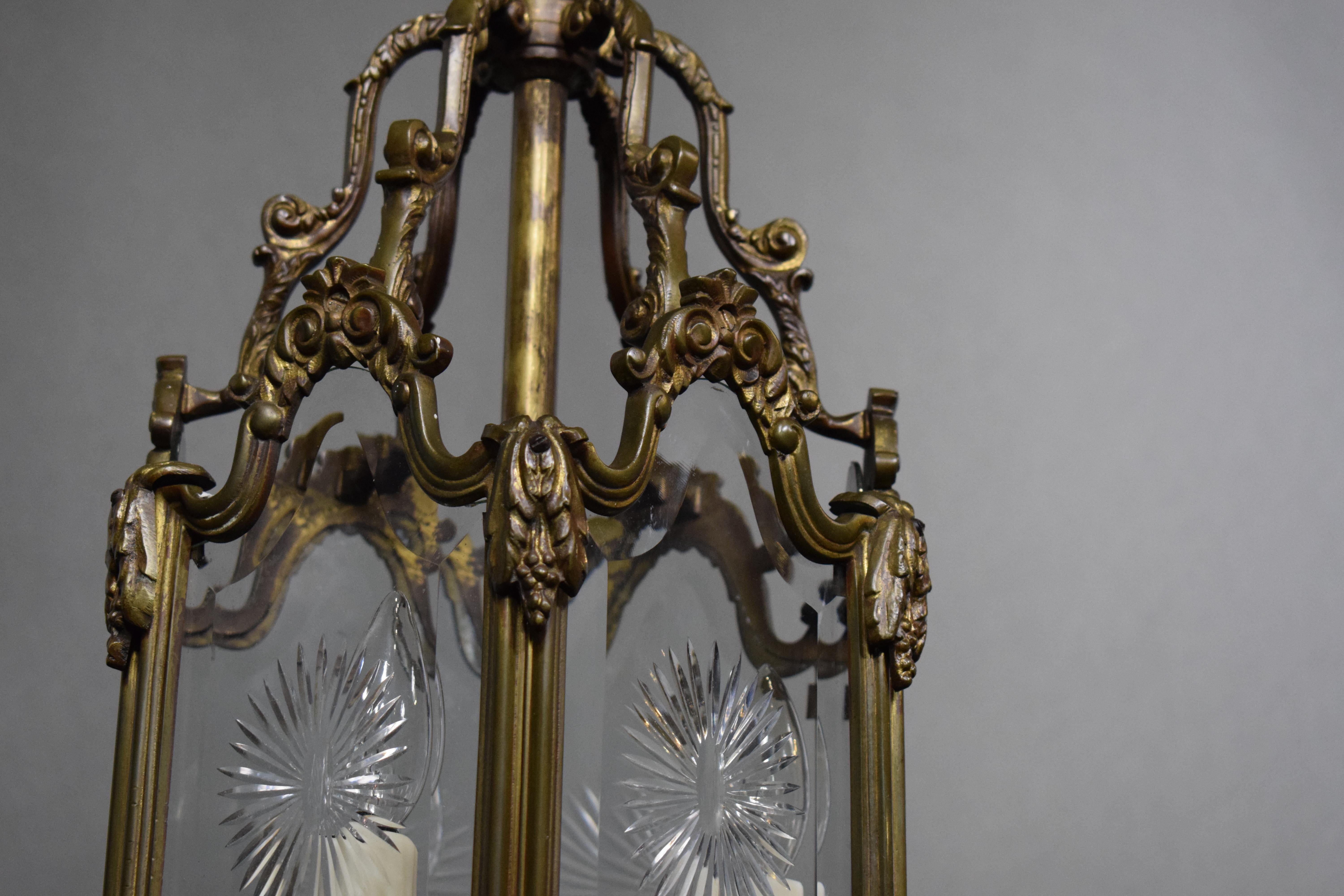 Bronze Fine and Elegant Hexagonal Lantern Featuring Handcut Glass Panels For Sale