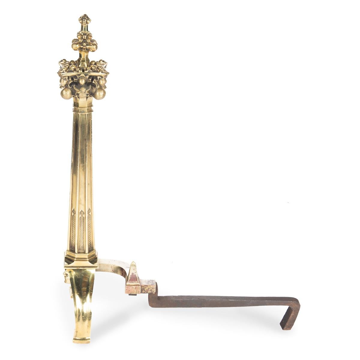 English A Fine and Interesting Pair of Late 19th Century Gothic Revival Ormolu Andirons For Sale