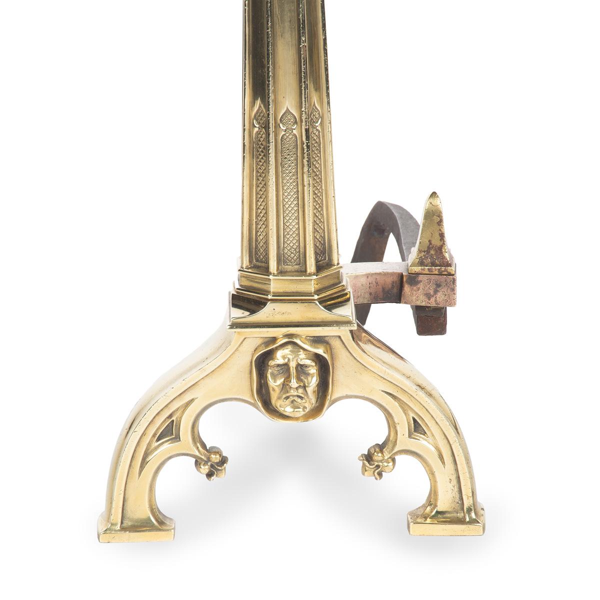 A Fine and Interesting Pair of Late 19th Century Gothic Revival Ormolu Andirons For Sale 1