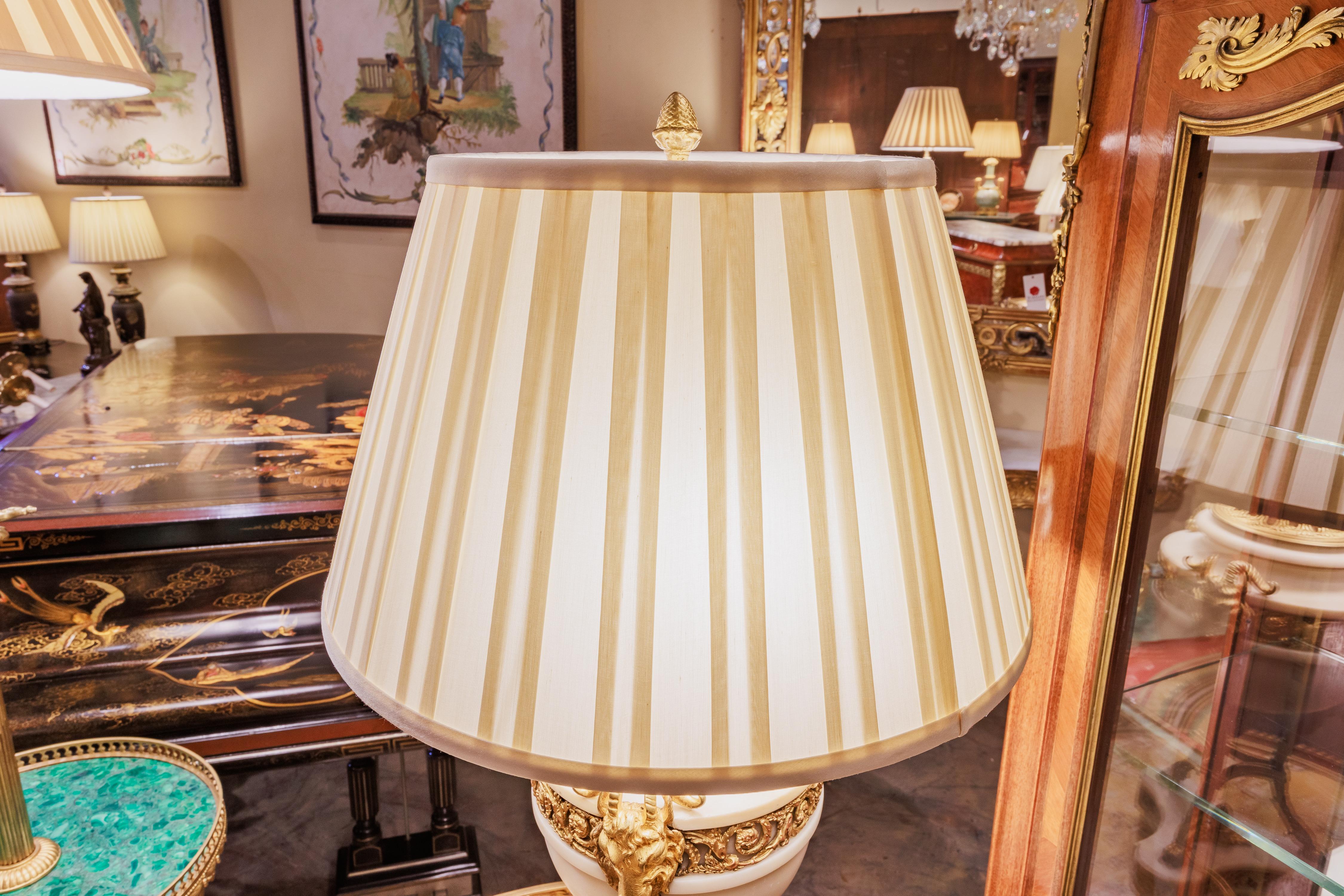 Bronze A fine and large 19th c French Louis XVI Carrera marble and gilt bronze lamp For Sale