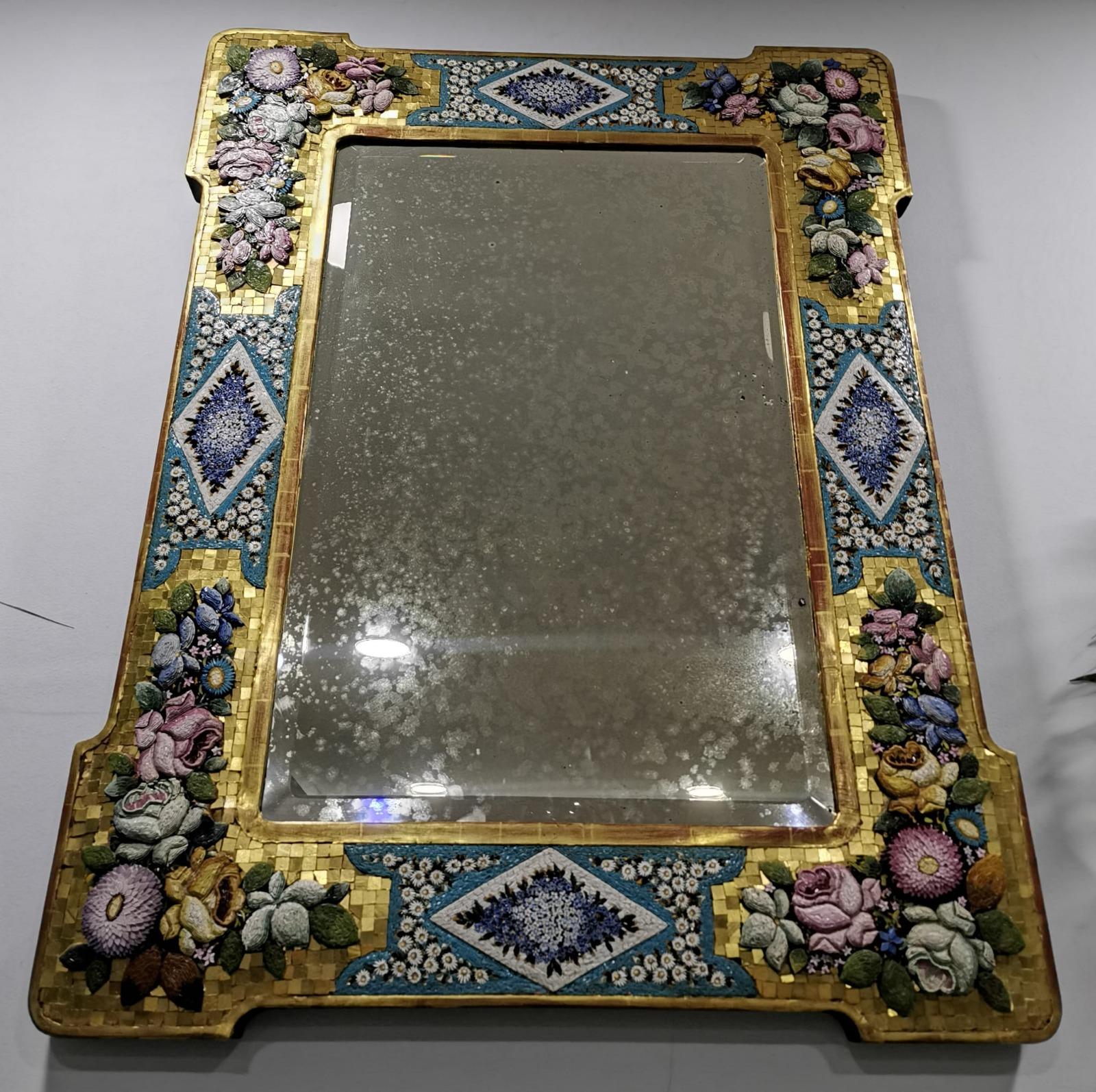 Baroque Fine and Large Italian Mosaic, Micromosaic and Blown Glass Mirror, Venice, 19th