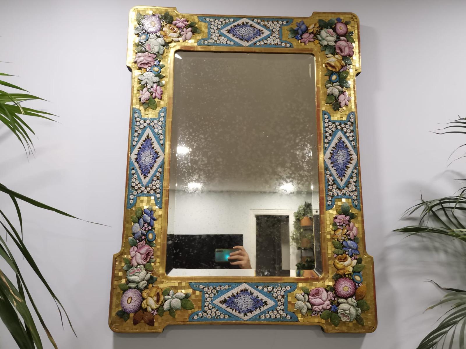 Fine and Large Italian Mosaic, Micromosaic and Blown Glass Mirror, Venice, 19th In Good Condition In Madrid, ES