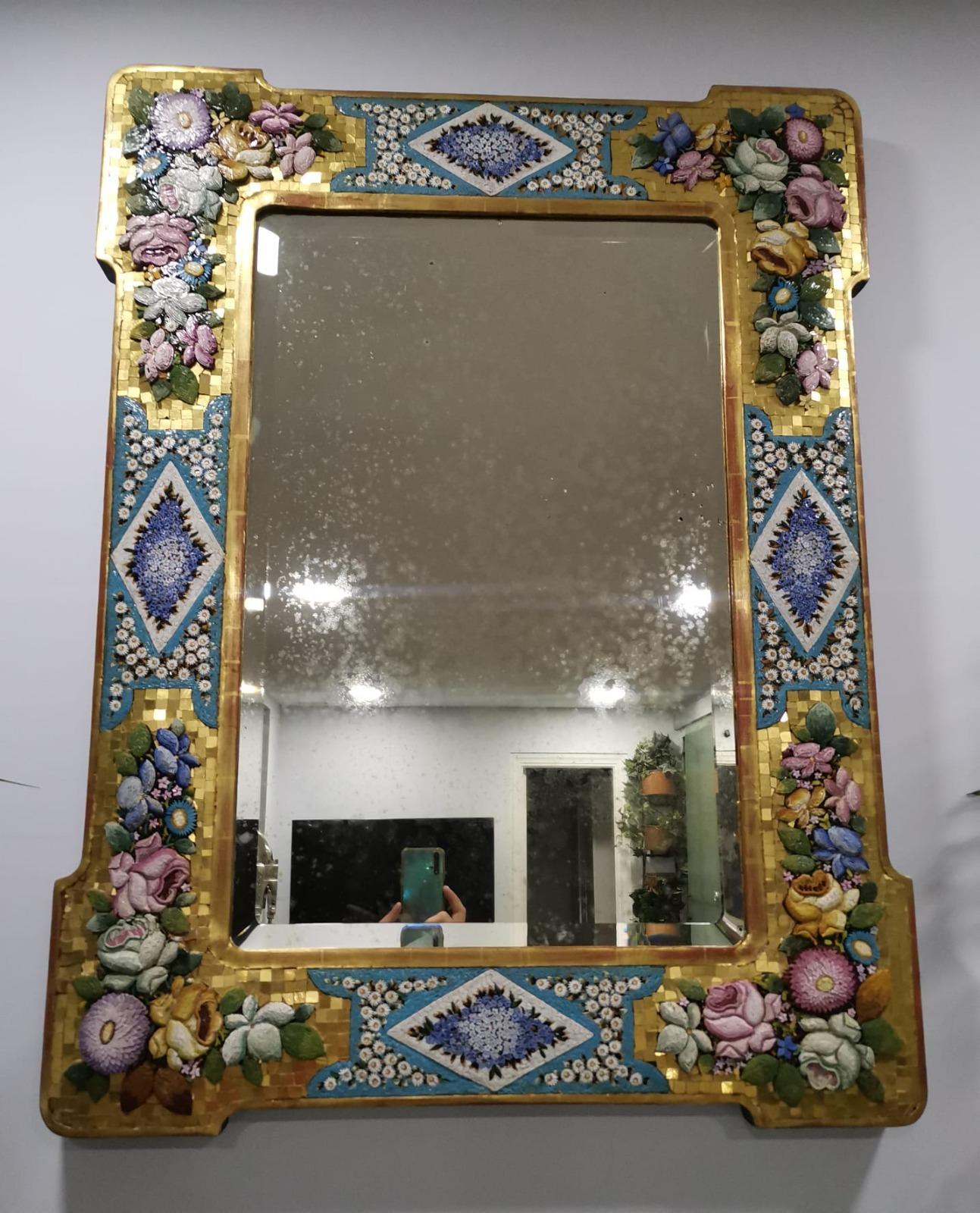 19th Century Fine and Large Italian Mosaic, Micromosaic and Blown Glass Mirror, Venice, 19th
