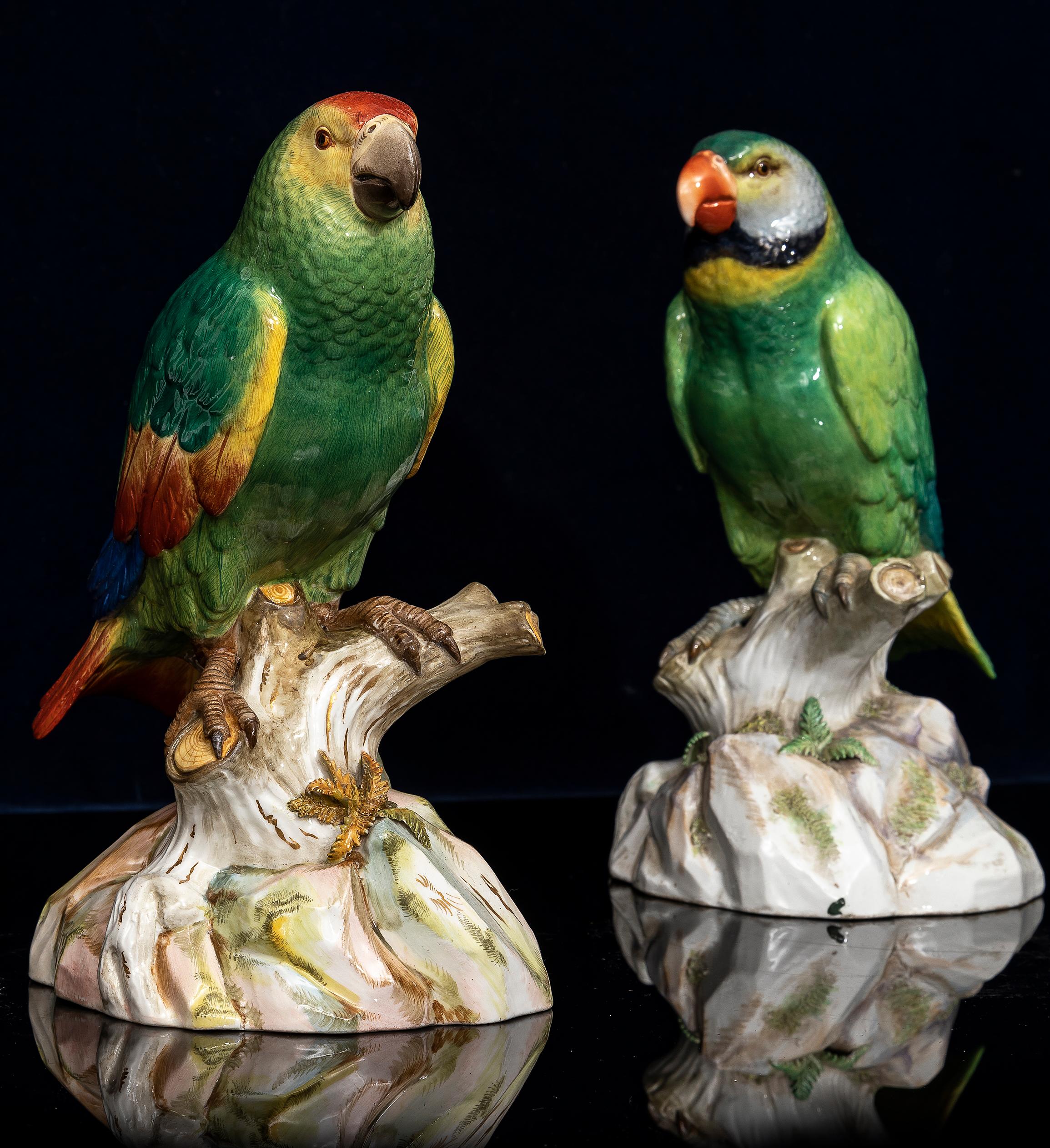 Pareja fina y grande de loros de porcelana de Meissen del siglo XIX Tallado a mano en venta
