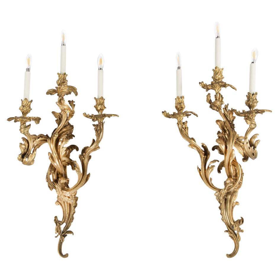 Ein schönes und großes Paar Ormolu-Wandleuchten aus dem 19. Jahrhundert im Rokoko-Revival-Stil im Angebot
