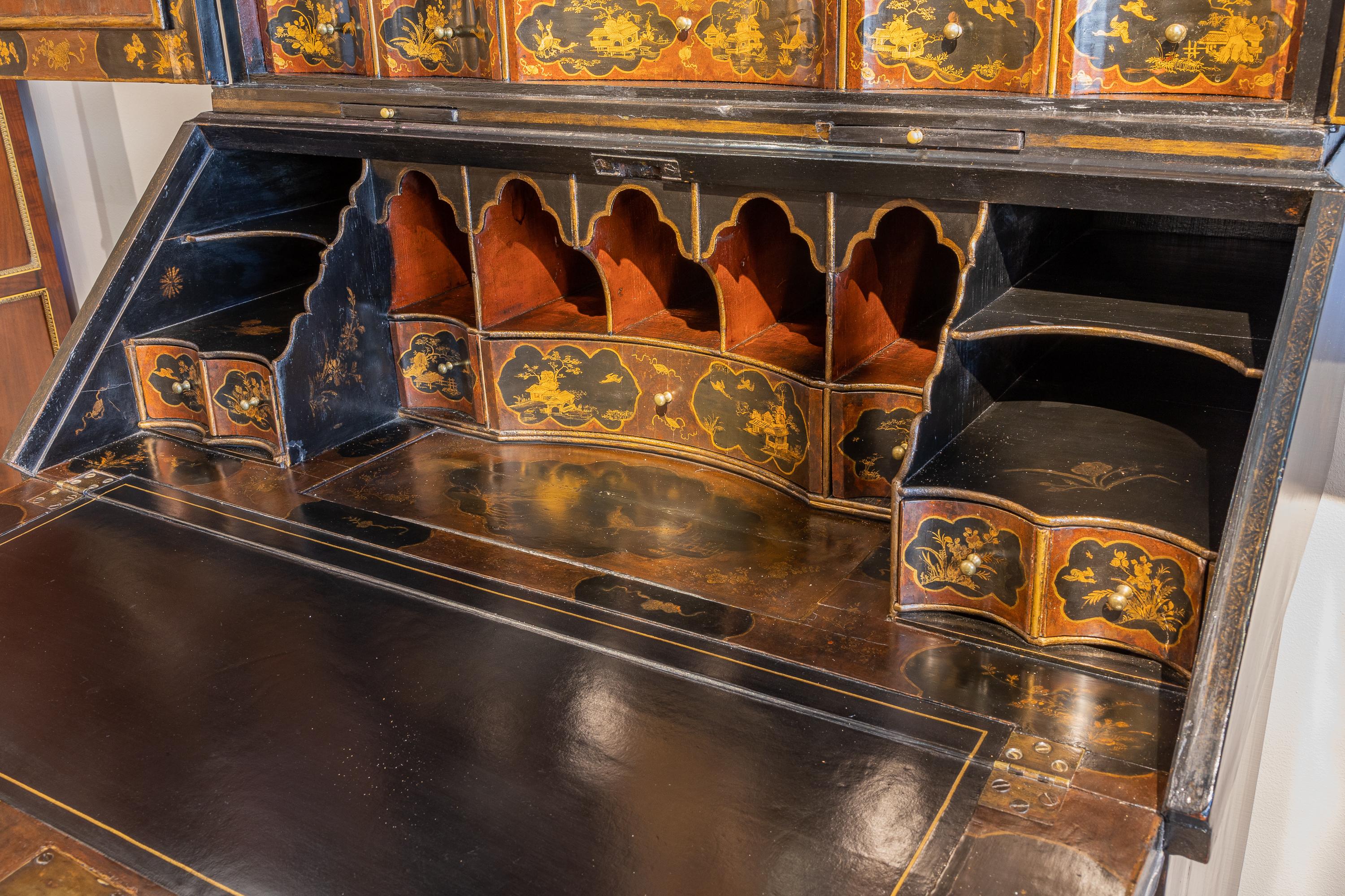 Hand-Painted Fine and Rare 18th C  Georgian Black Lacquered and Chinoiserie Secretary For Sale