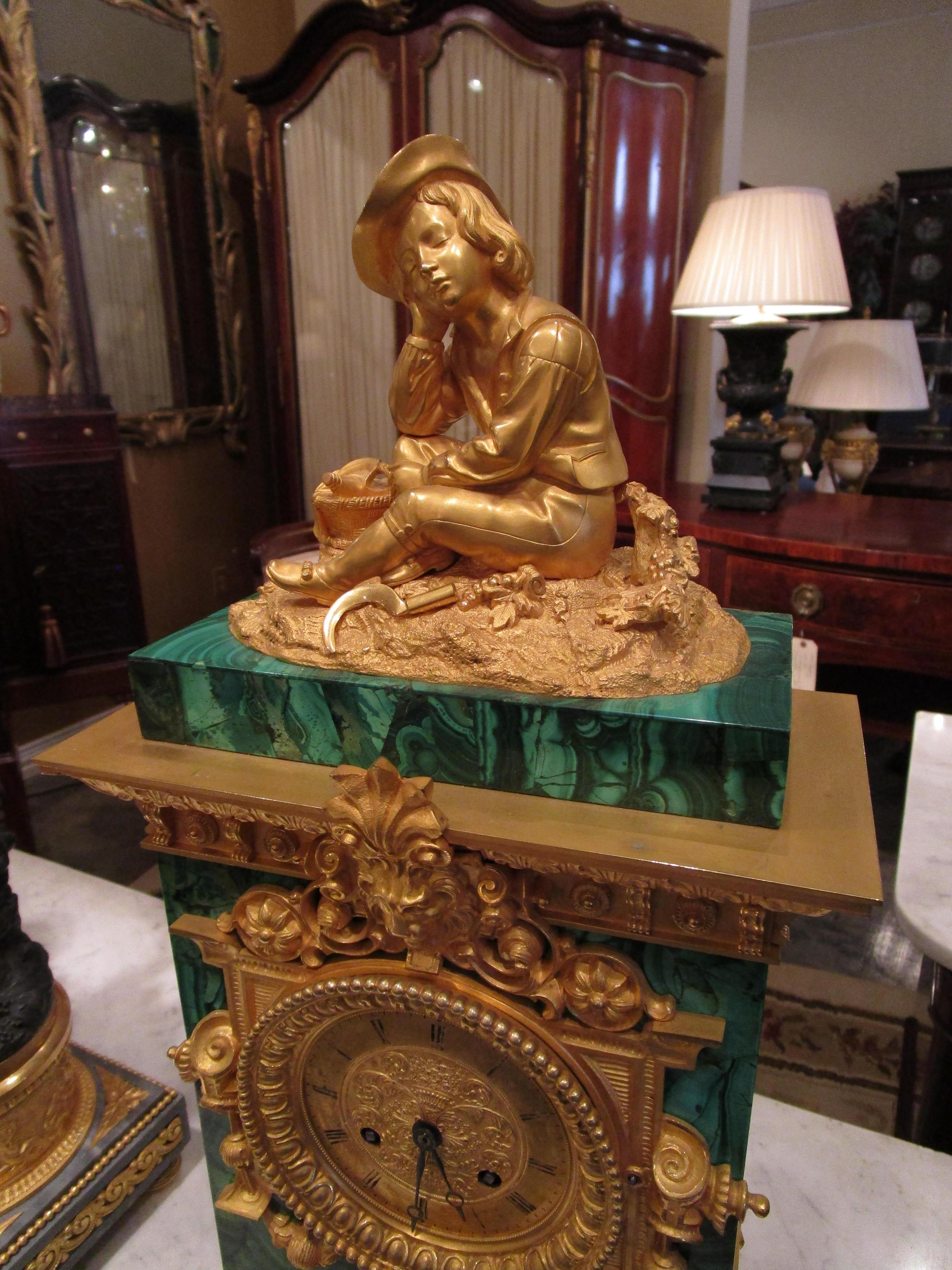 Baltic Fine and Rare 19th Century French or Russian Gilt Bronze and Malachite Mantle  For Sale