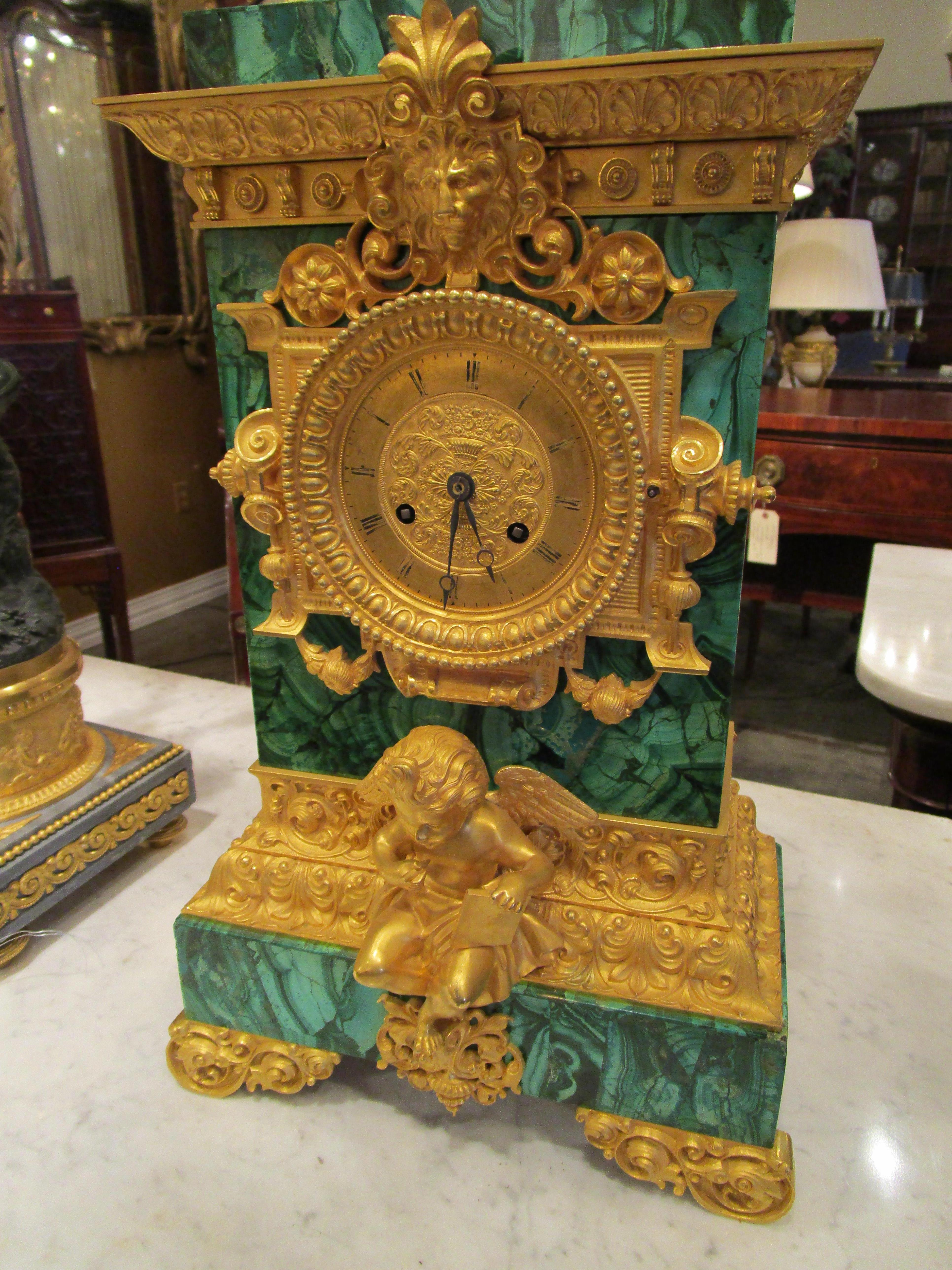 Baltic Fine and Rare 19th Century French or Russian Gilt Bronze and Malachite Mantle  For Sale
