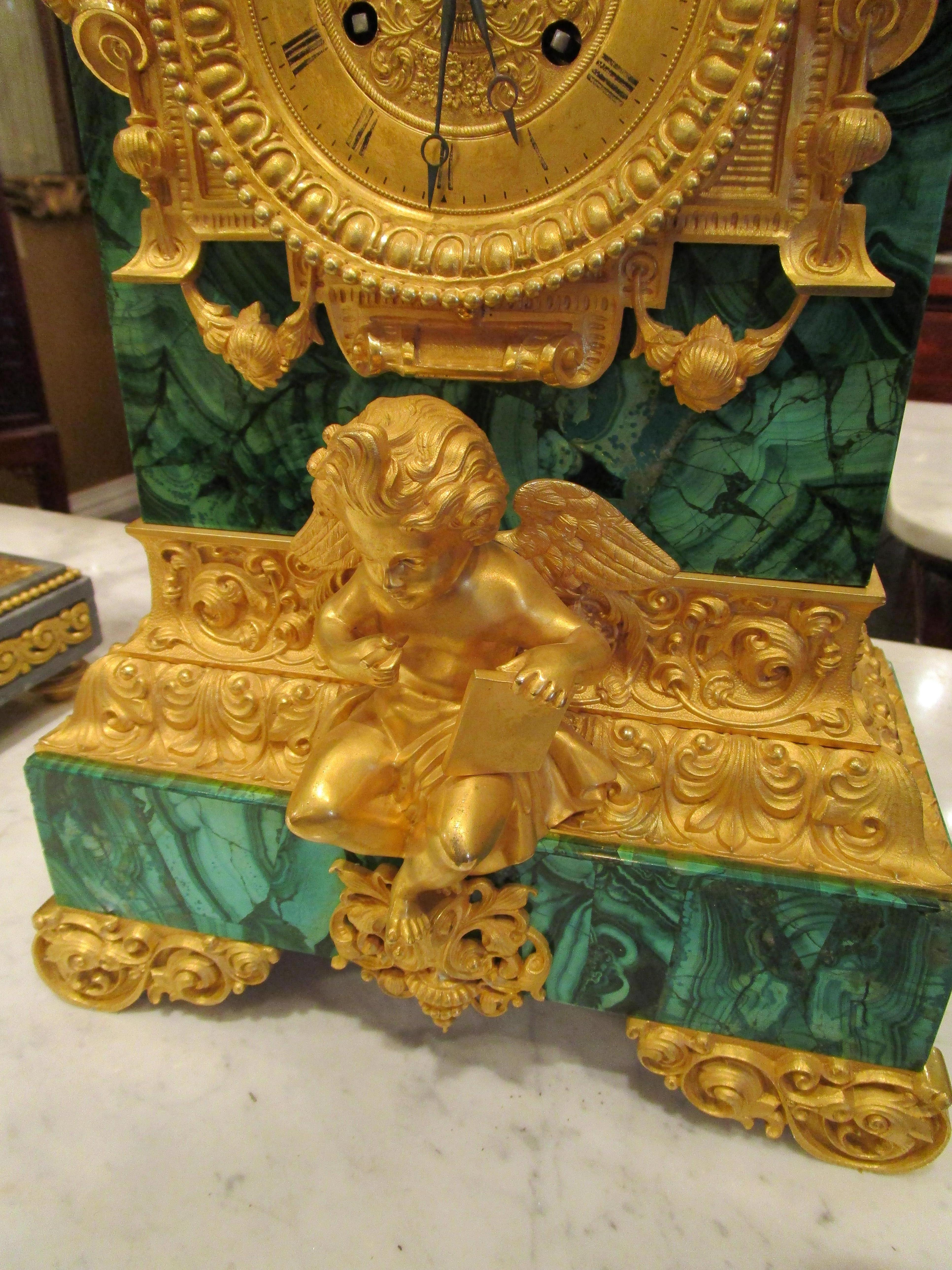Doré Manteau rare et fin du 19ème siècle en bronze doré français ou russe et malachite  en vente