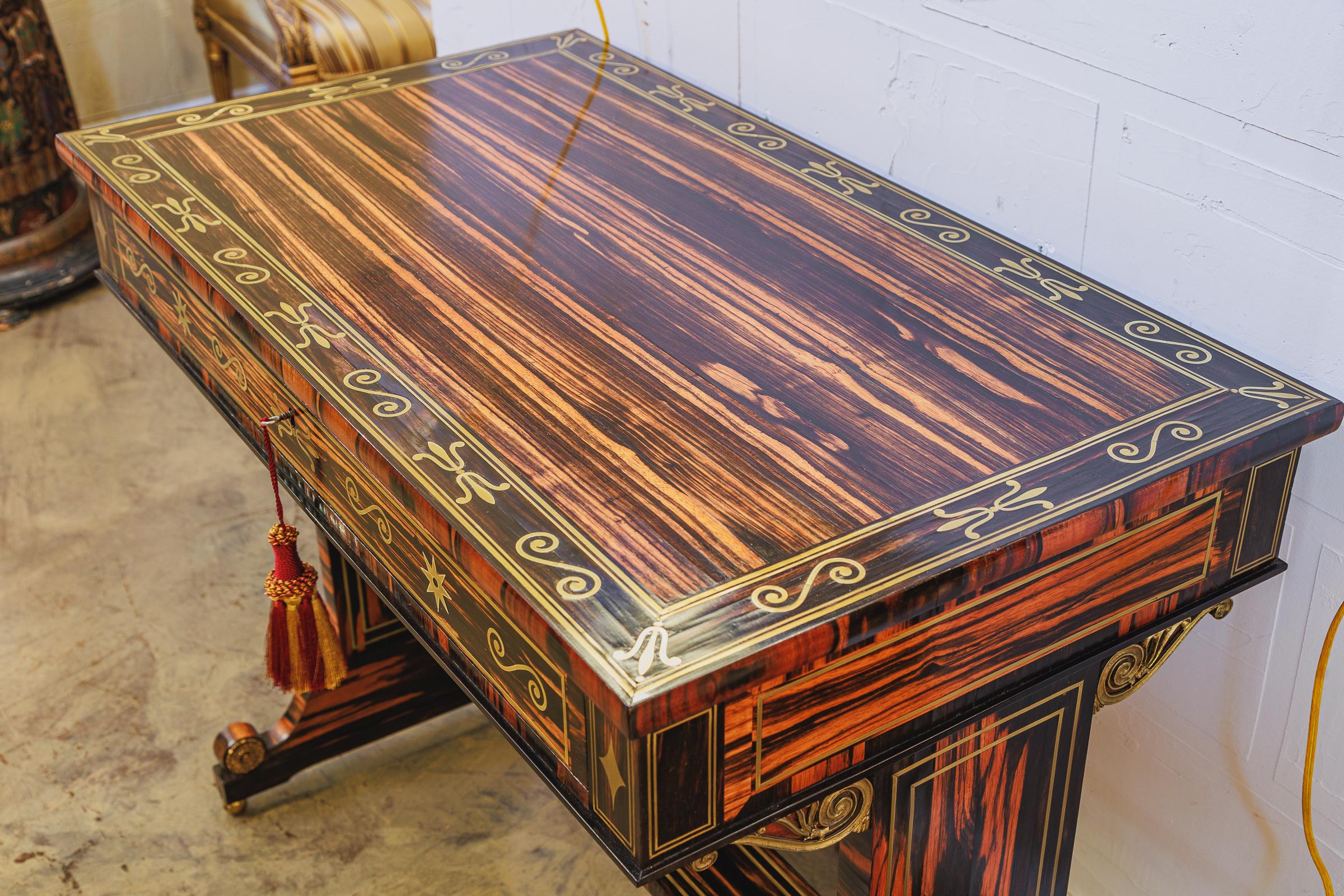 English Fine and Rare 19th Century Regency Calamander and Brass Inlaid Writing Table For Sale