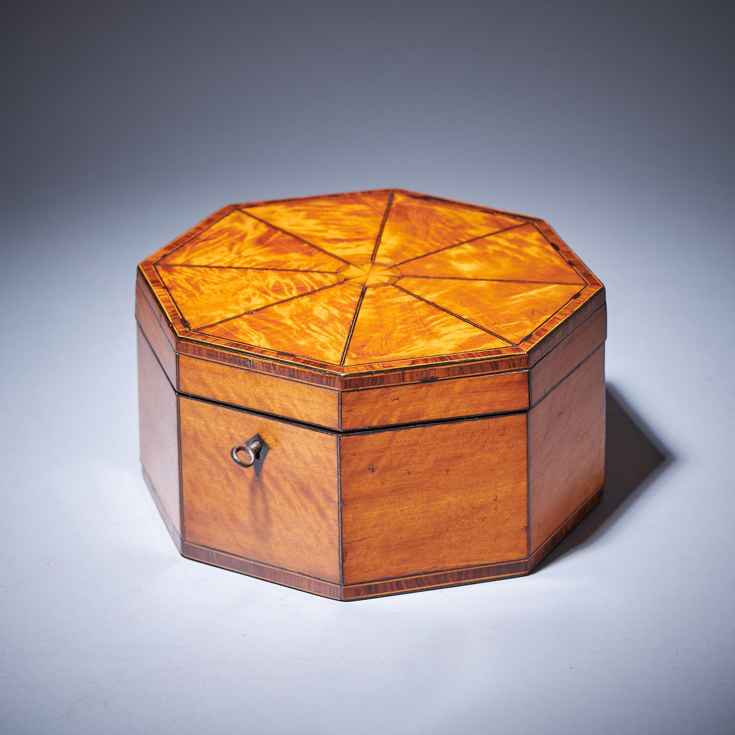 English A Fine and Rare George III Octagonal Figured Satinwood Box, C.1790 For Sale