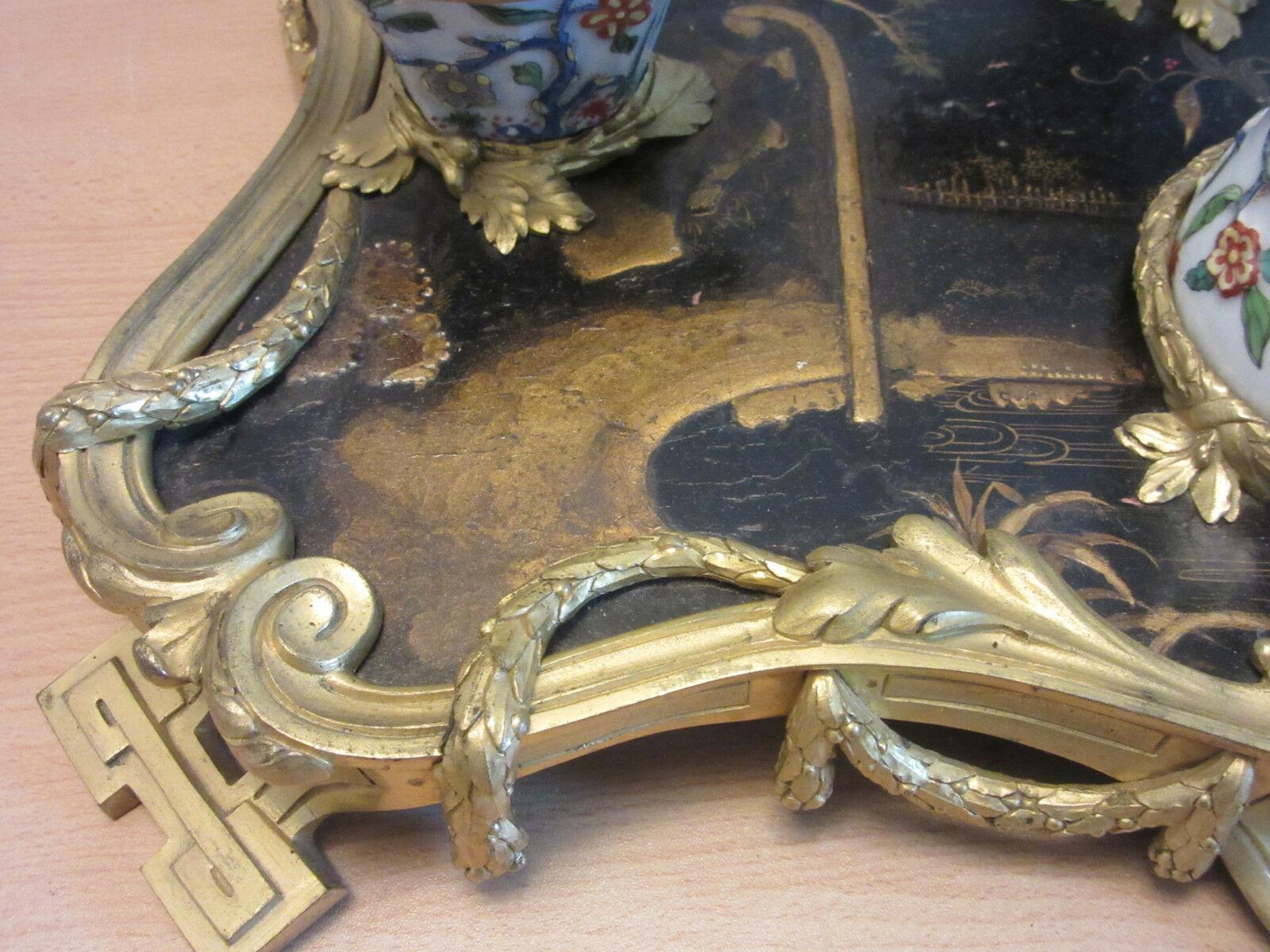 French Fine and Rare Large 19th C Chinoiserie Inkwell with Porcelain Bell and Ink Pot For Sale