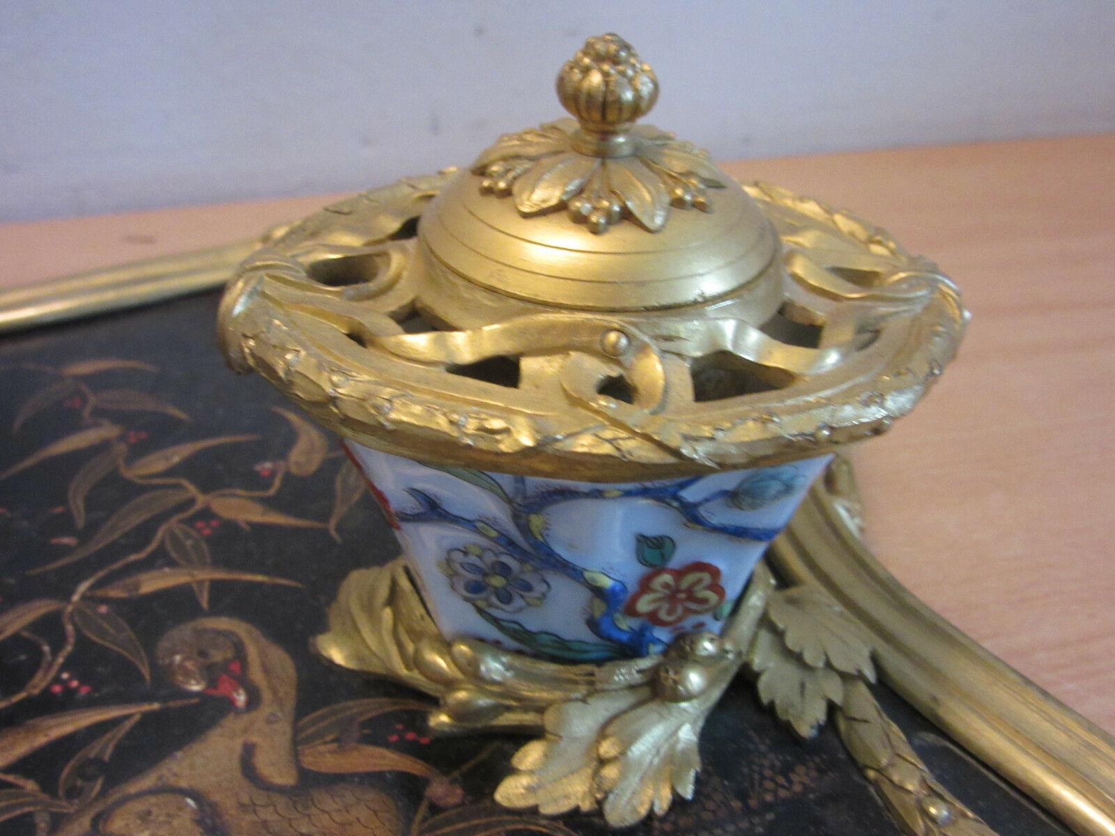 19th Century Fine and Rare Large 19th C Chinoiserie Inkwell with Porcelain Bell and Ink Pot For Sale
