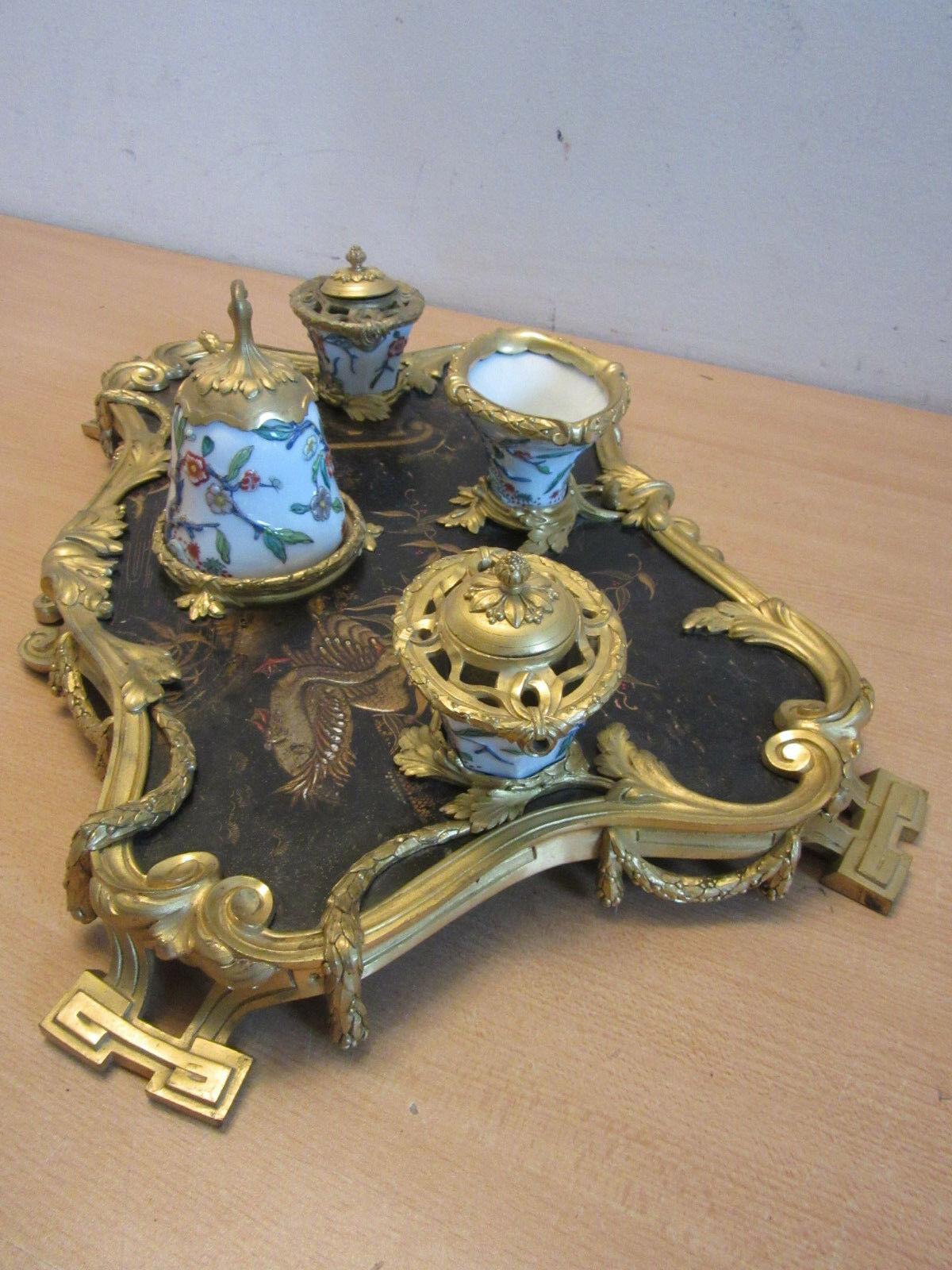 Bronze Fine and Rare Large 19th C Chinoiserie Inkwell with Porcelain Bell and Ink Pot For Sale