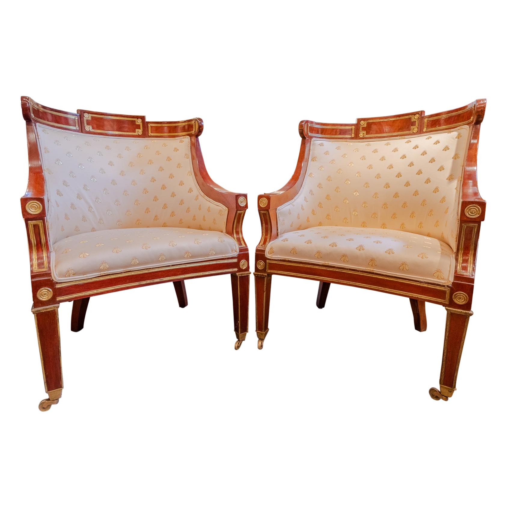 Fine and Rare Pair of 19th Century Mahogany and Brass Inlayed Russian Bergères For Sale