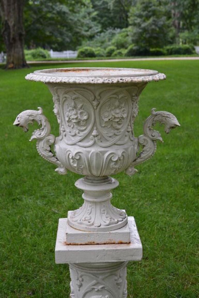 Rococo Revival Pair of White Painted Cast-Iron Urns on Pedestals