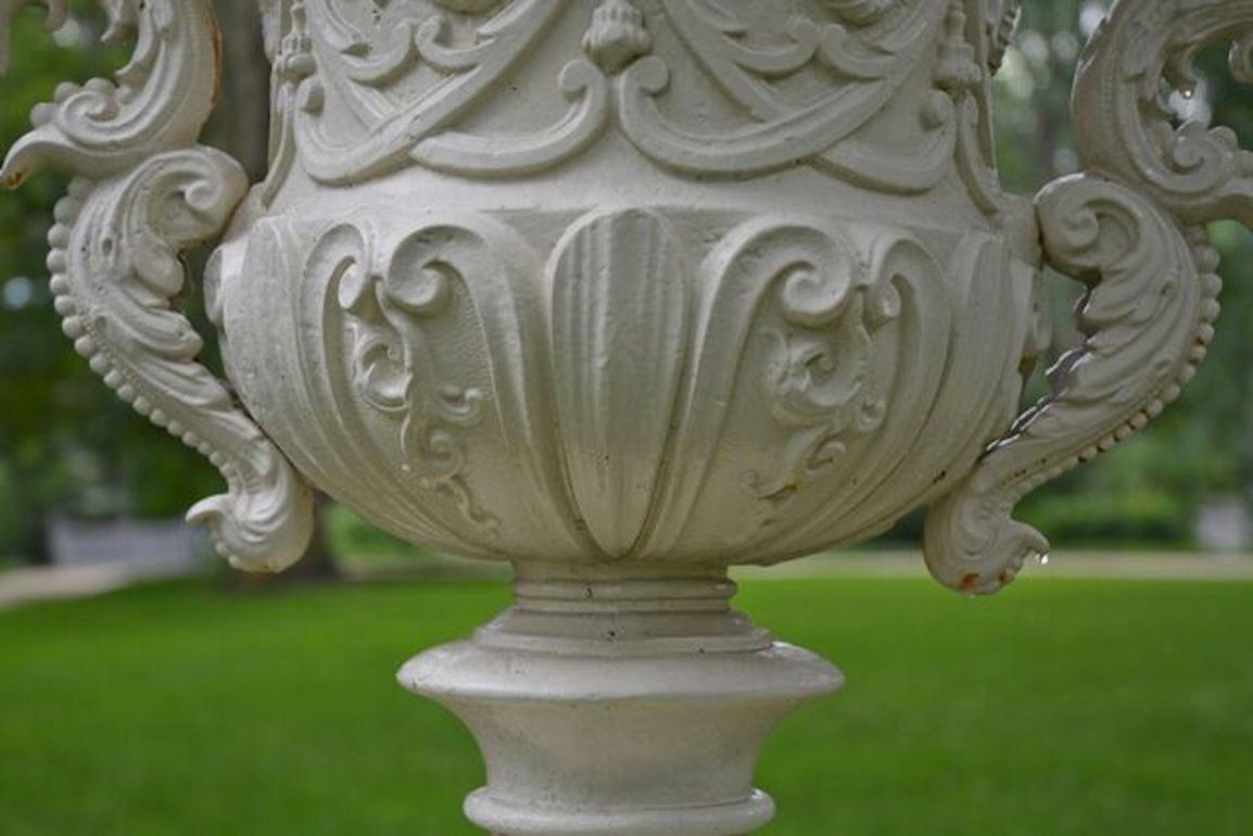 Pair of White Painted Cast-Iron Urns on Pedestals 2