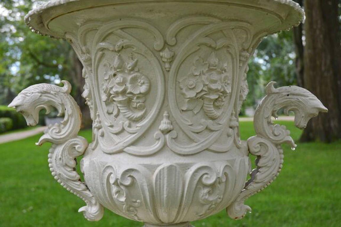 Pair of White Painted Cast-Iron Urns on Pedestals 3