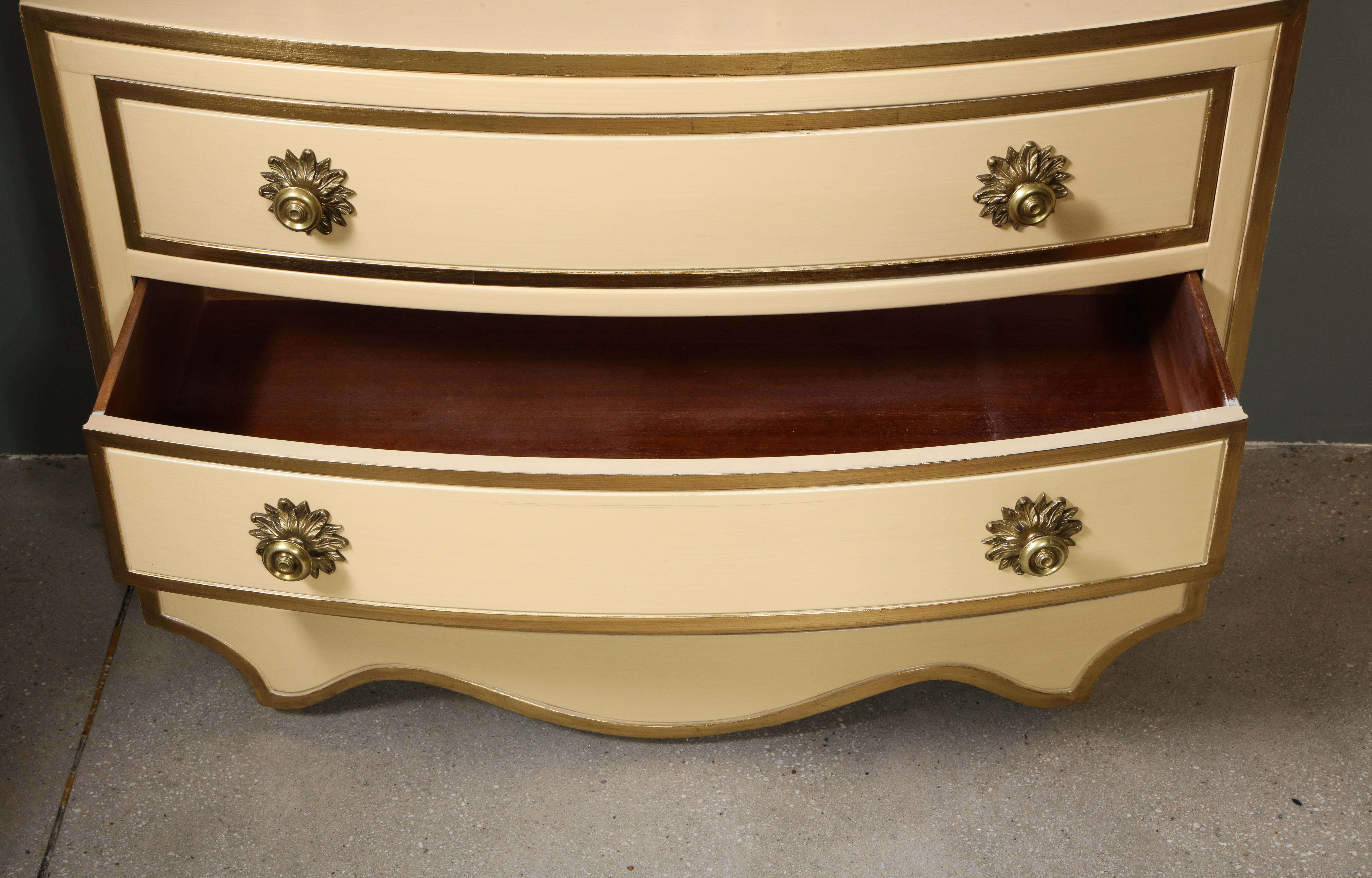 Wood Painted and parcel gilt 3 drawer chests with brass handles by Dorothy Draper
