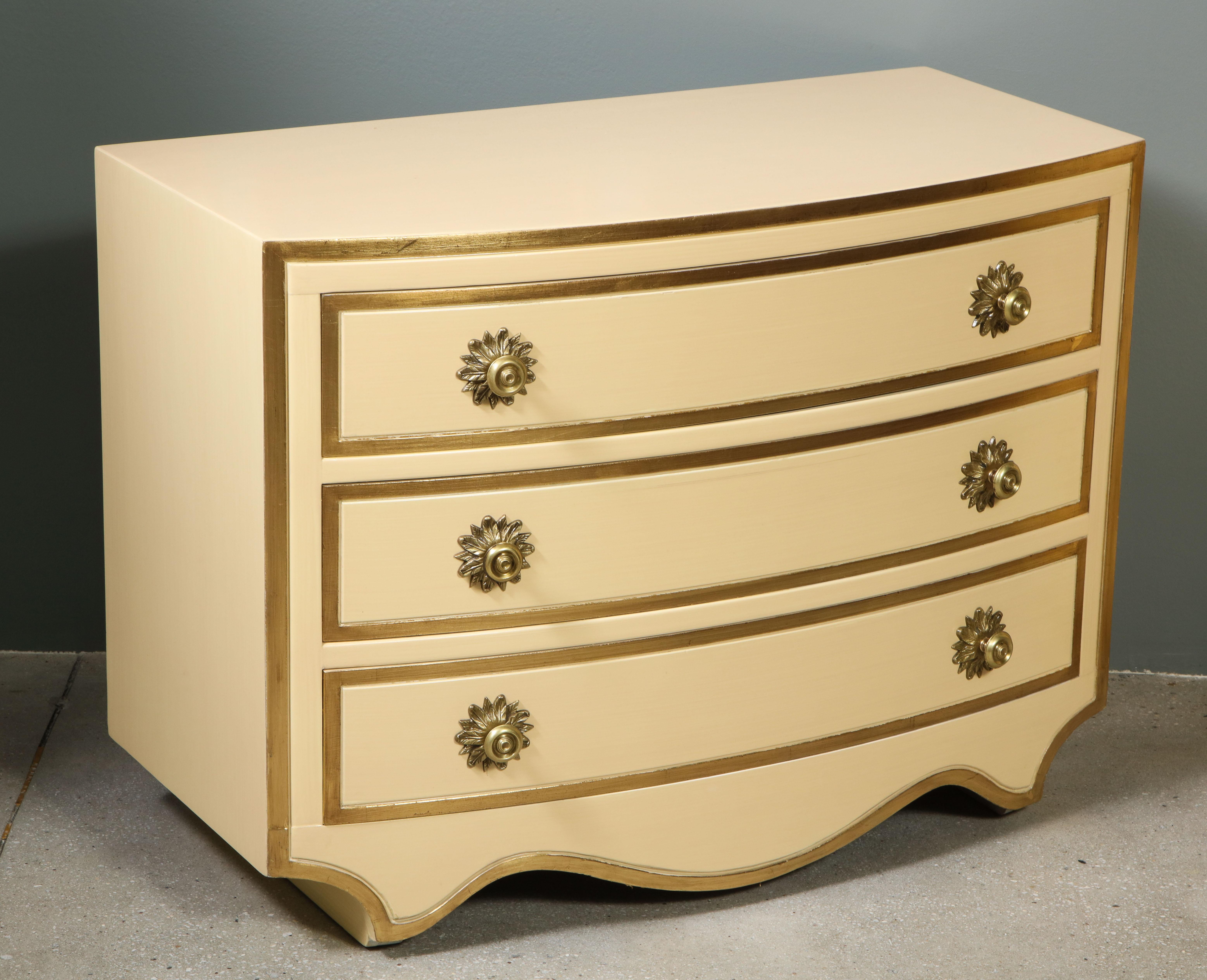 Painted and parcel gilt 3 drawer chests with brass handles by Dorothy Draper 2