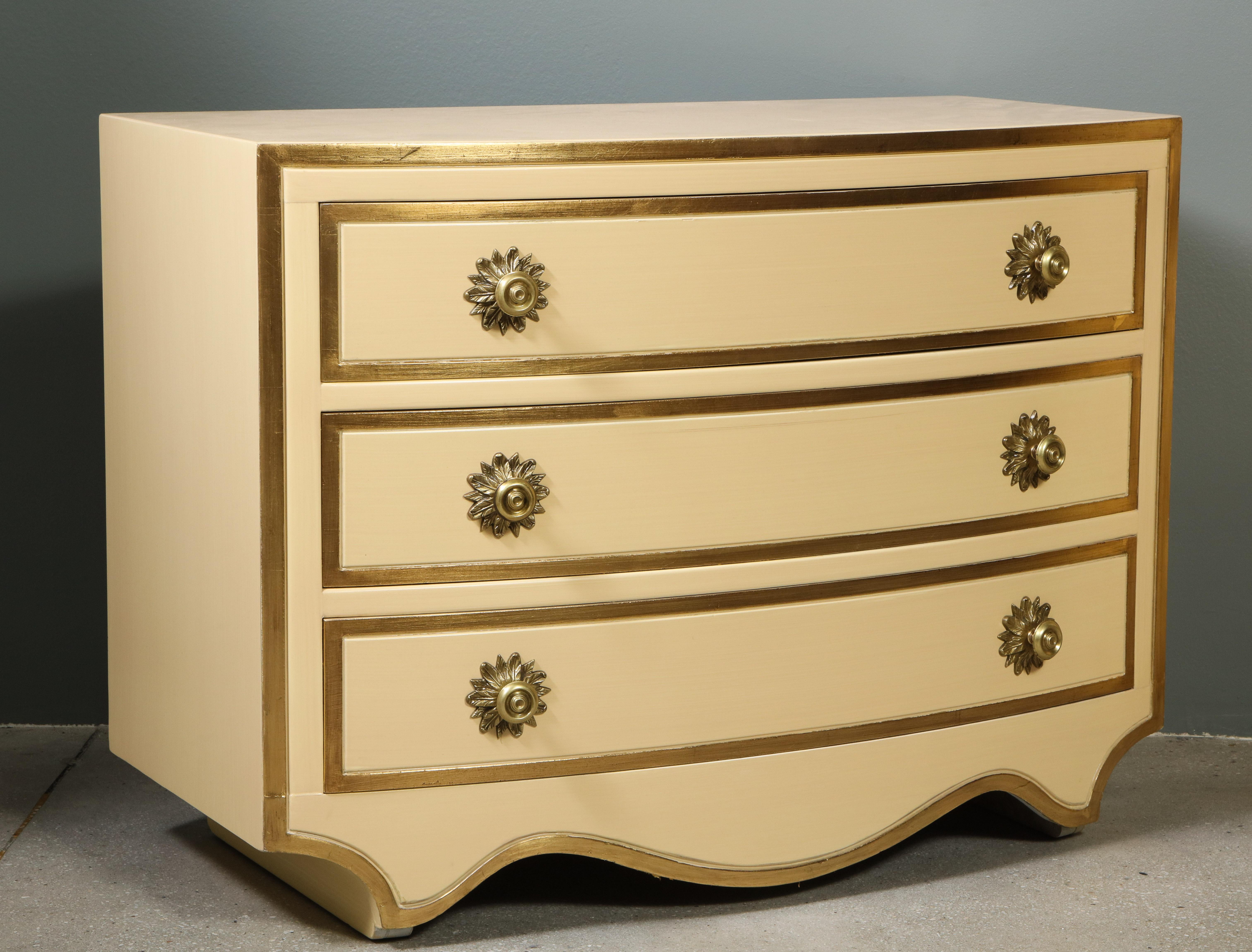 Painted and parcel gilt 3 drawer chests with brass handles by Dorothy Draper 3