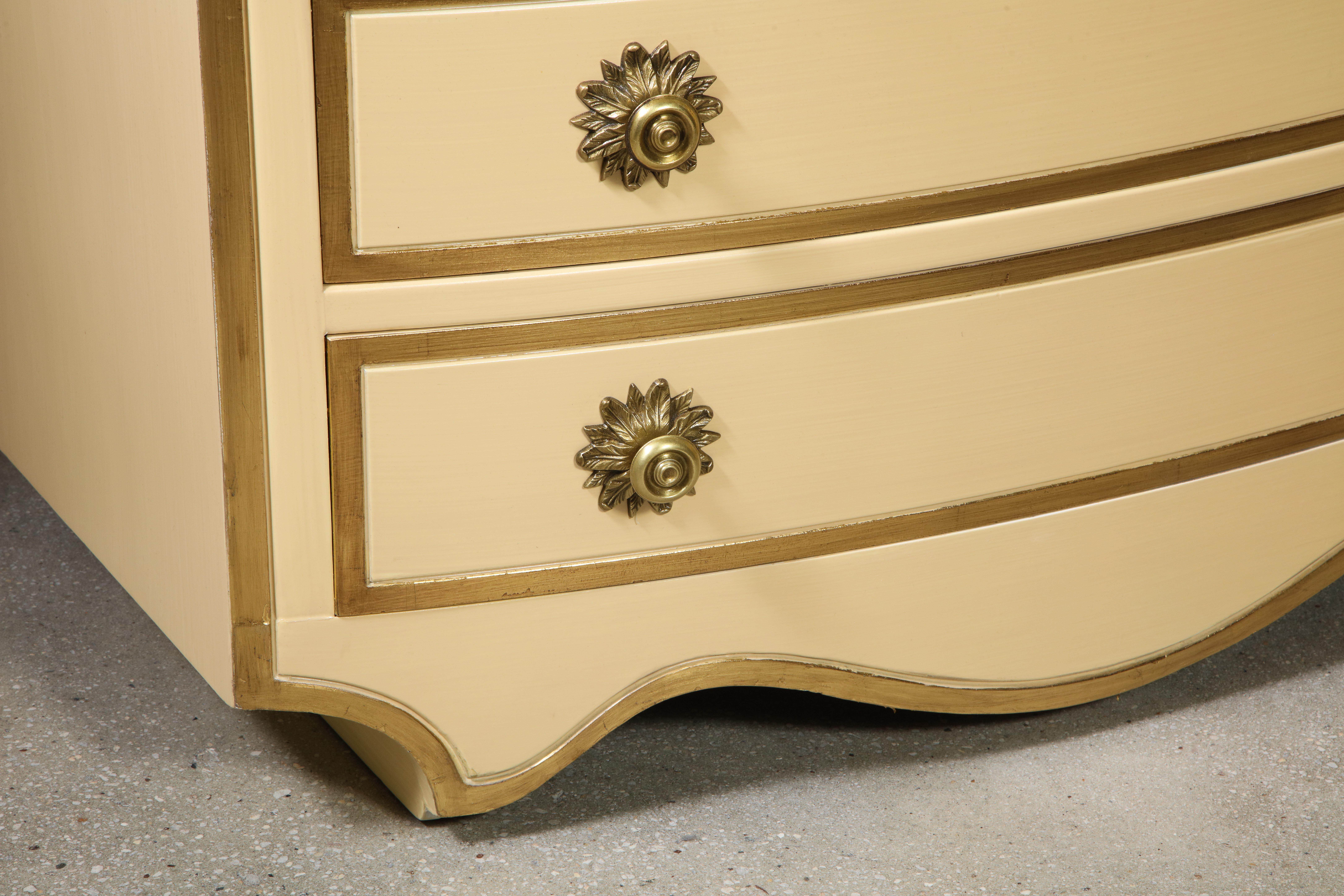 Painted and parcel gilt 3 drawer chests with brass handles by Dorothy Draper 4