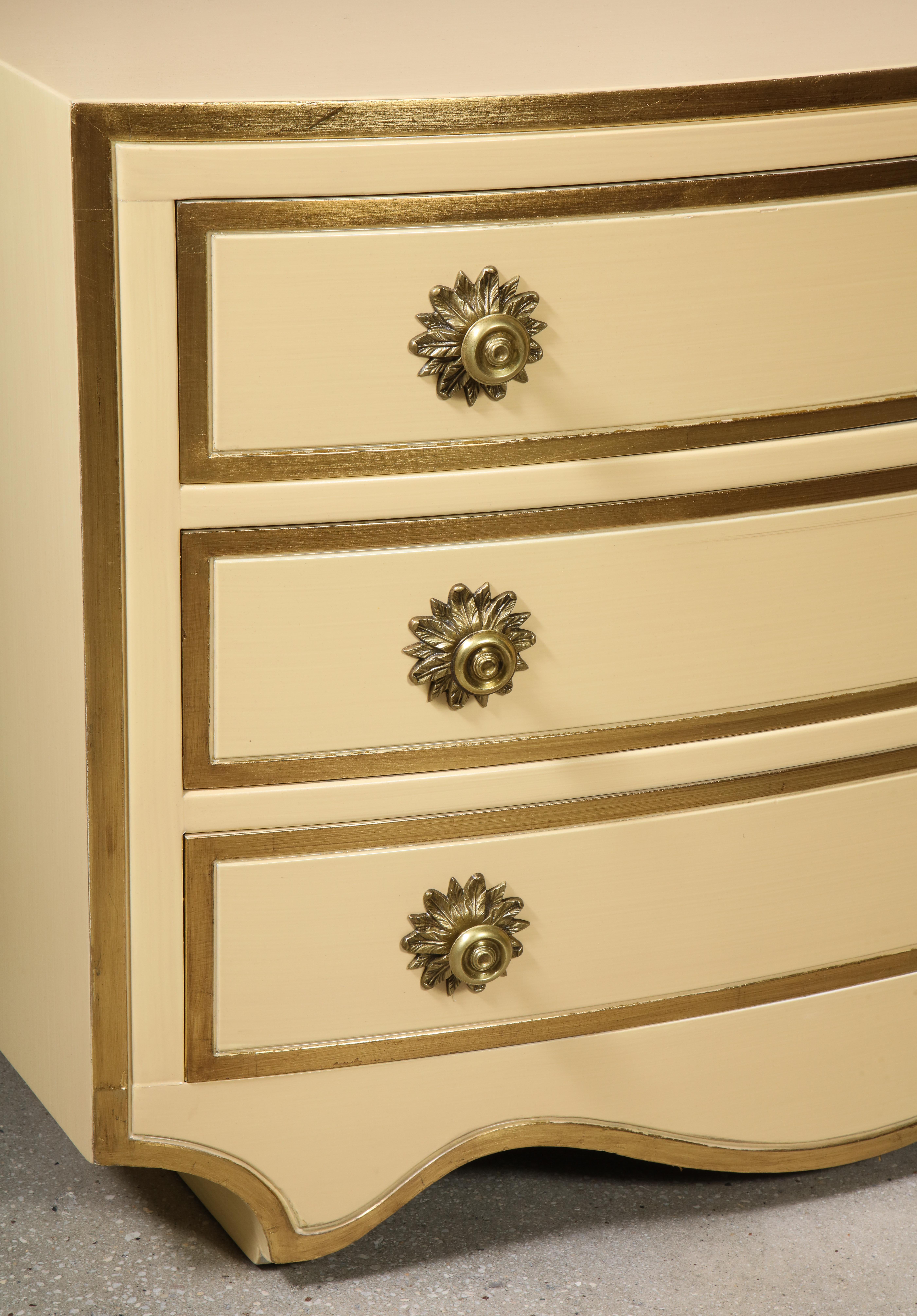 Painted and parcel gilt 3 drawer chests with brass handles by Dorothy Draper 5