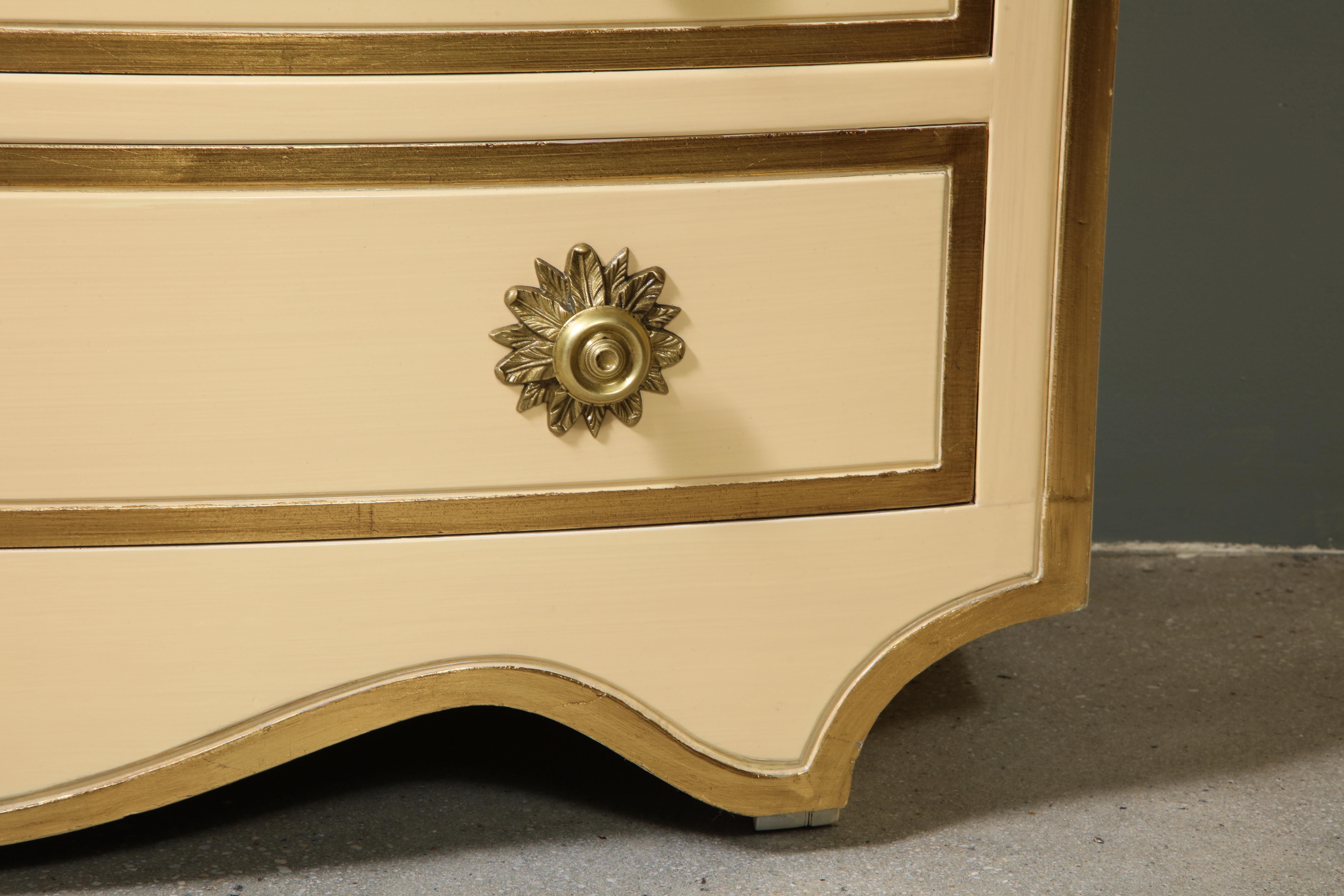 American Painted and parcel gilt 3 drawer chests with brass handles by Dorothy Draper