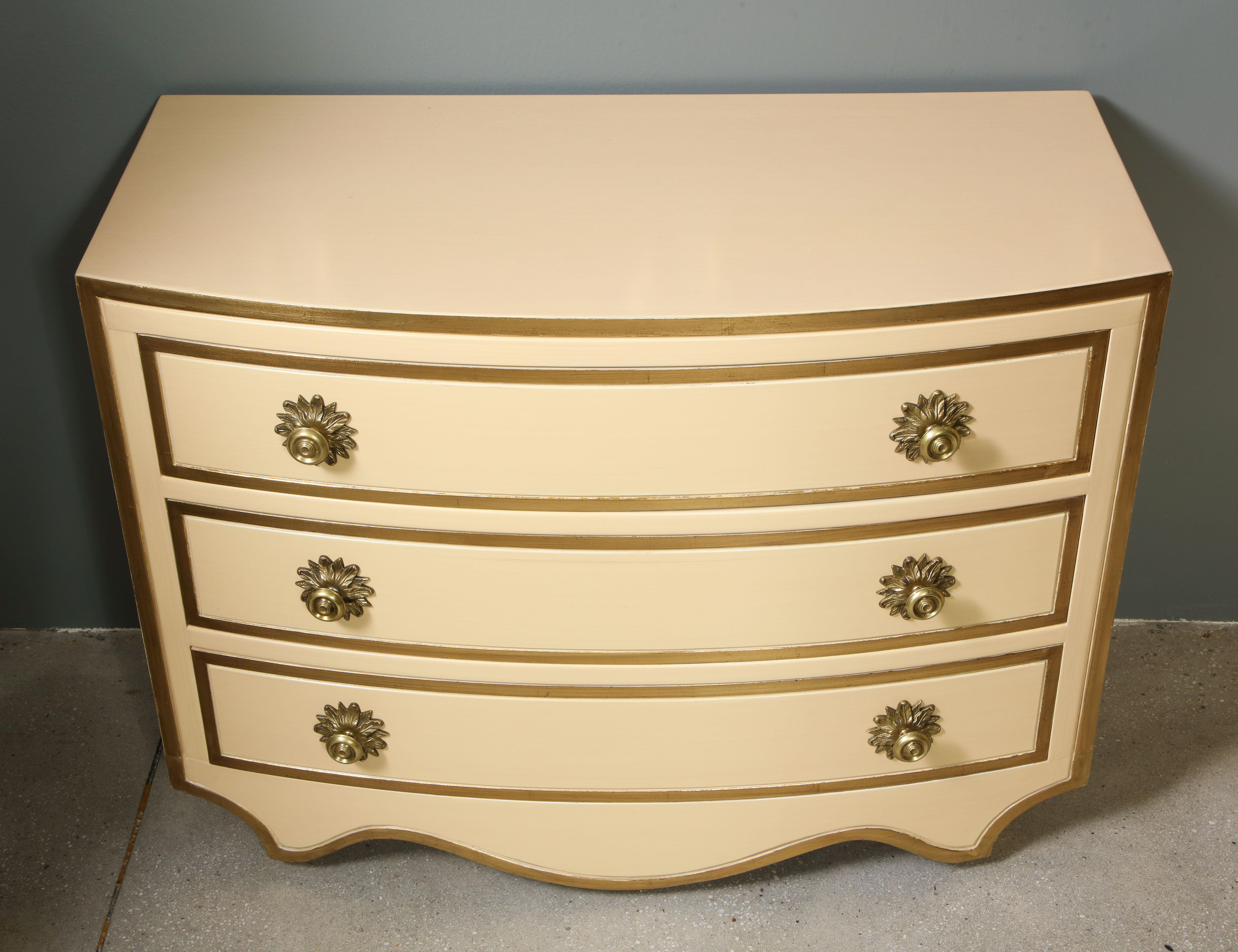 Painted and parcel gilt 3 drawer chests with brass handles by Dorothy Draper In Good Condition In New York, NY