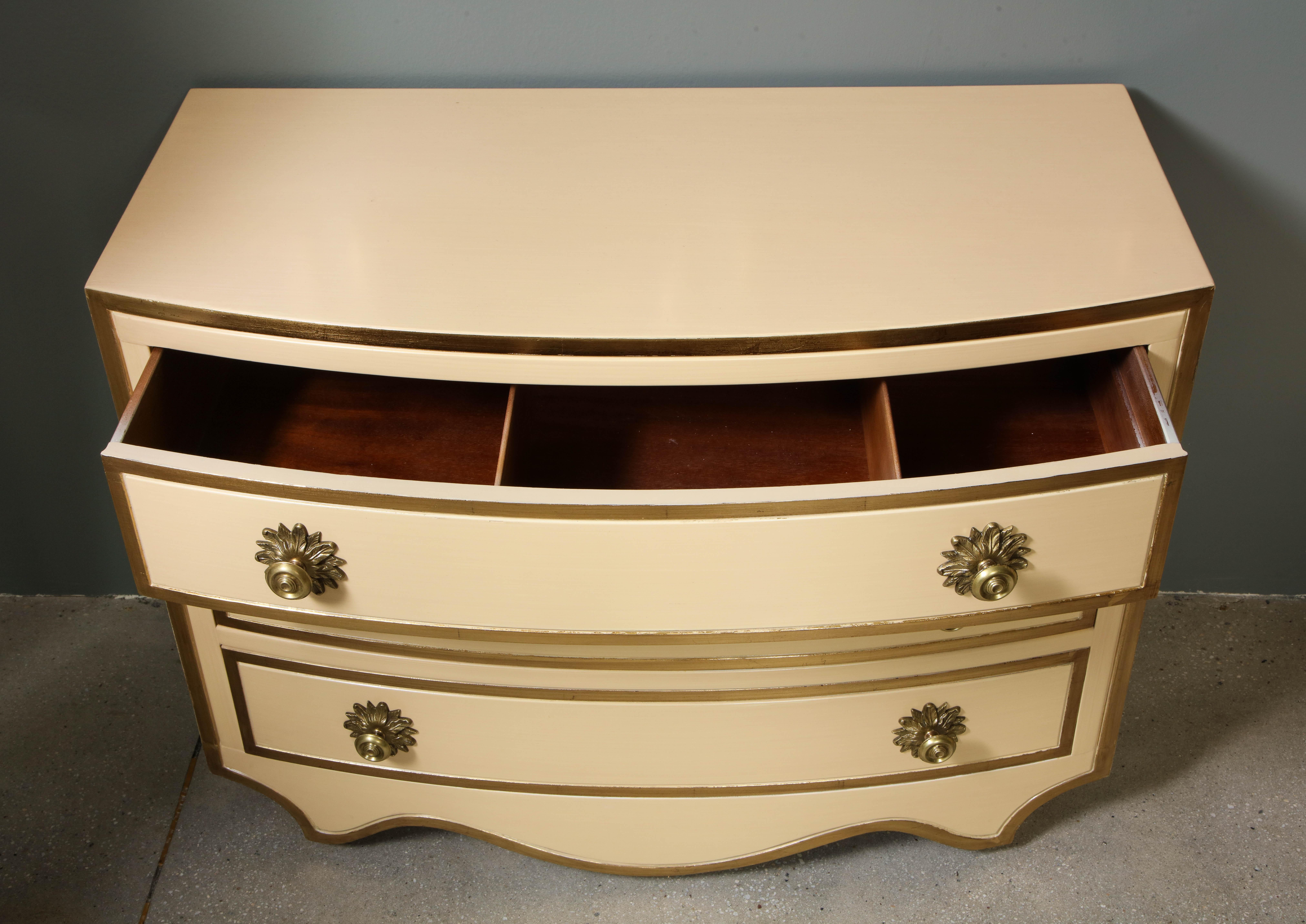 Mid-20th Century Painted and parcel gilt 3 drawer chests with brass handles by Dorothy Draper