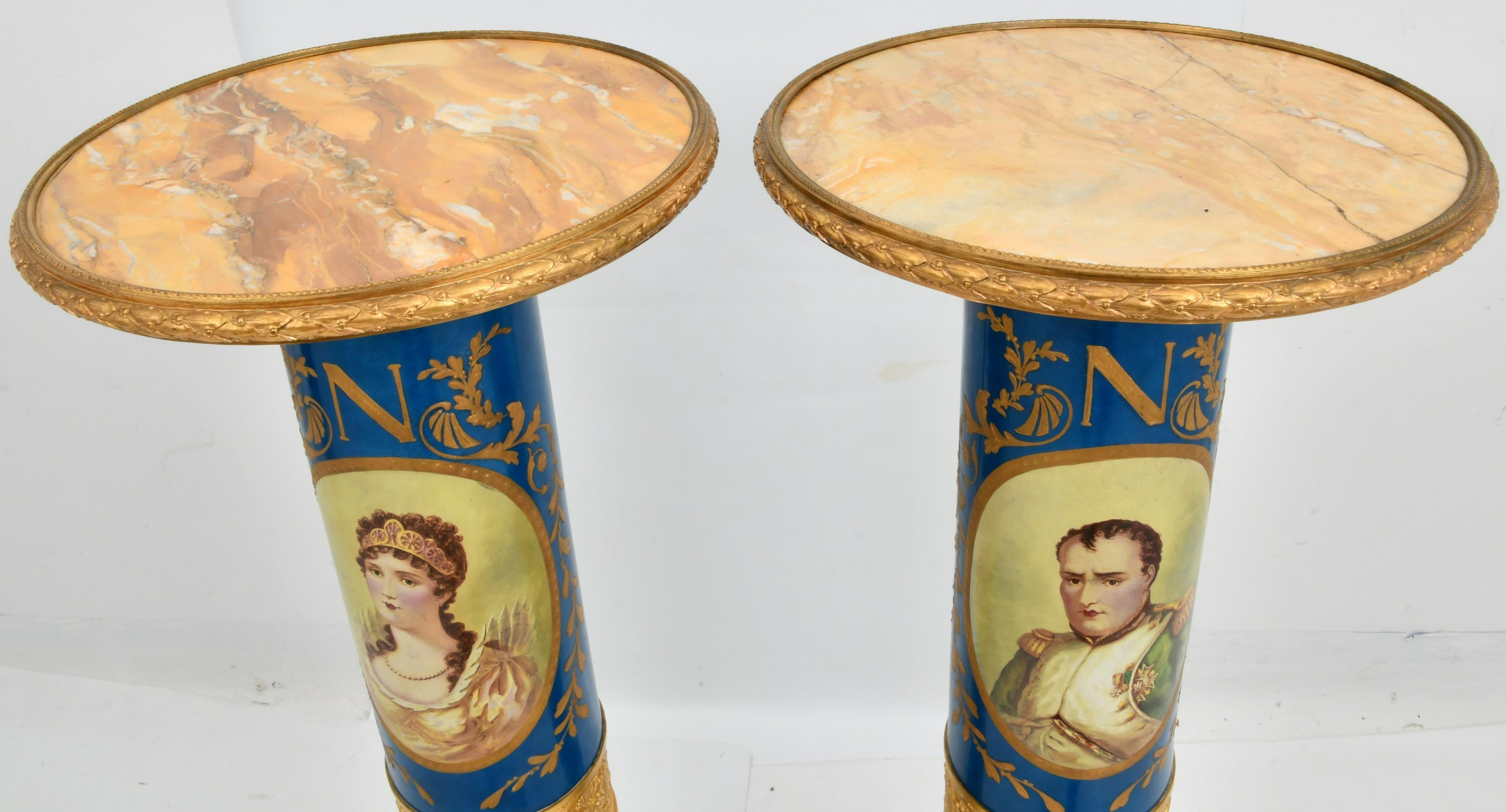 Fine and Rare Pair of French Gilt Bronze , Porcelain and Marble Pedestals For Sale 1