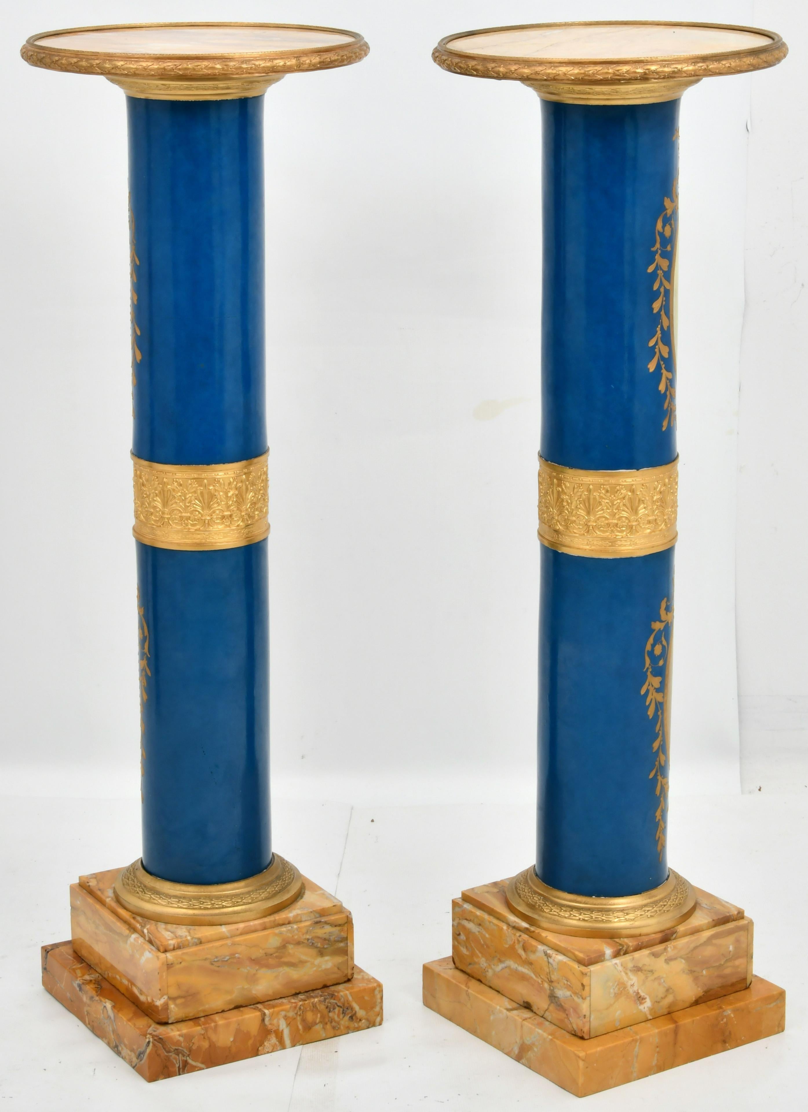 Fine and Rare Pair of French Gilt Bronze , Porcelain and Marble Pedestals For Sale 2